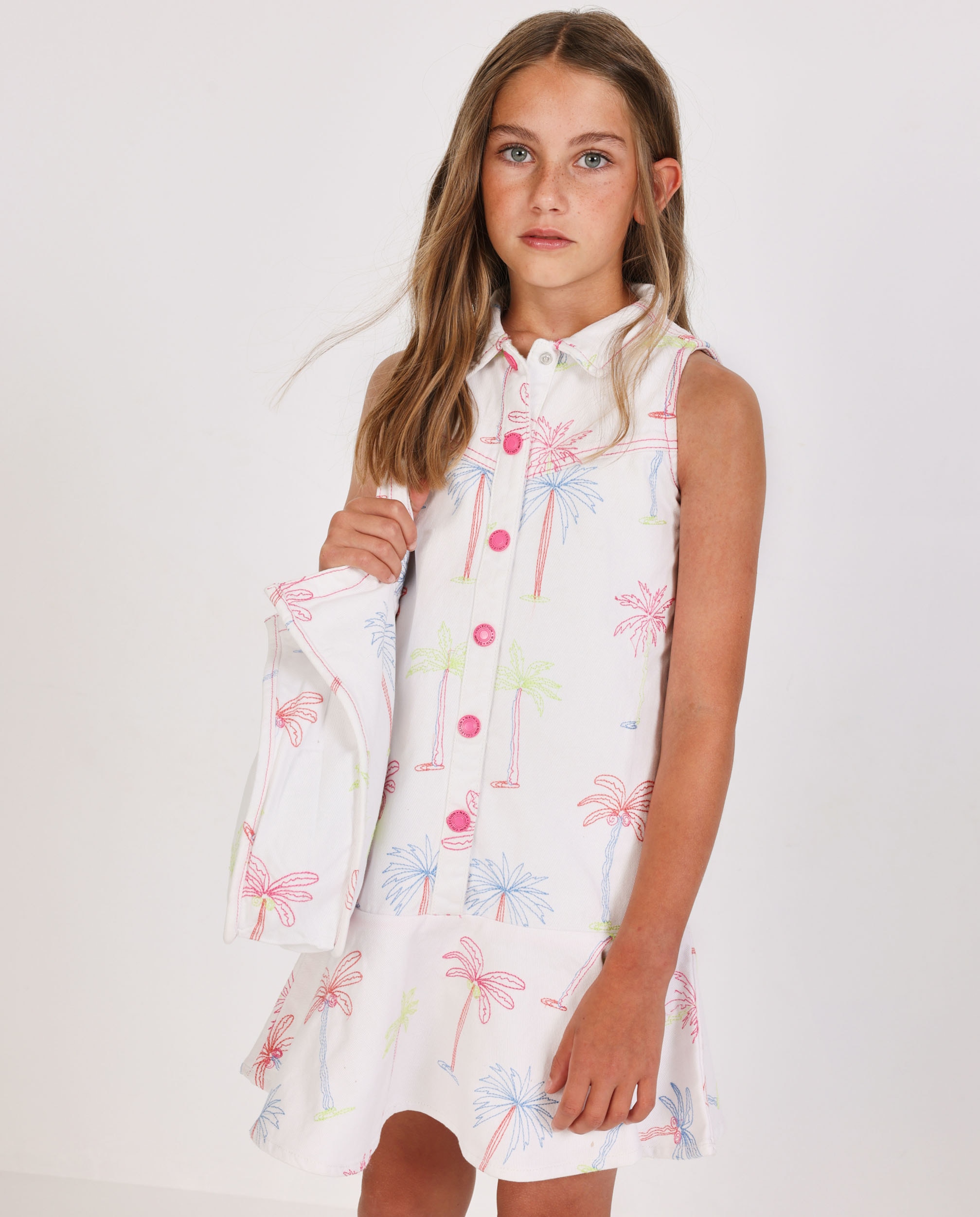 Vestido Infantil de Plana e Estampado de Palmeiras Branco-1