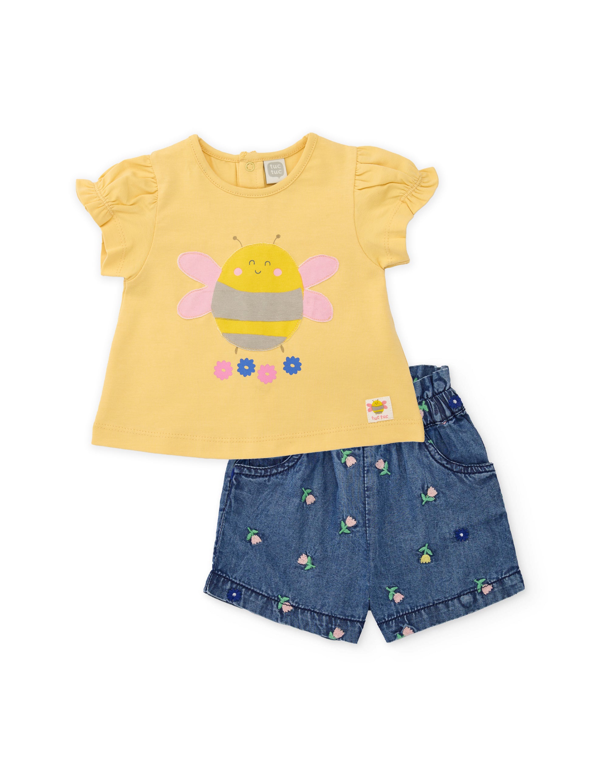 Conjunto para Recém-nascido de Malha e Bordado Floral Amarelo-2