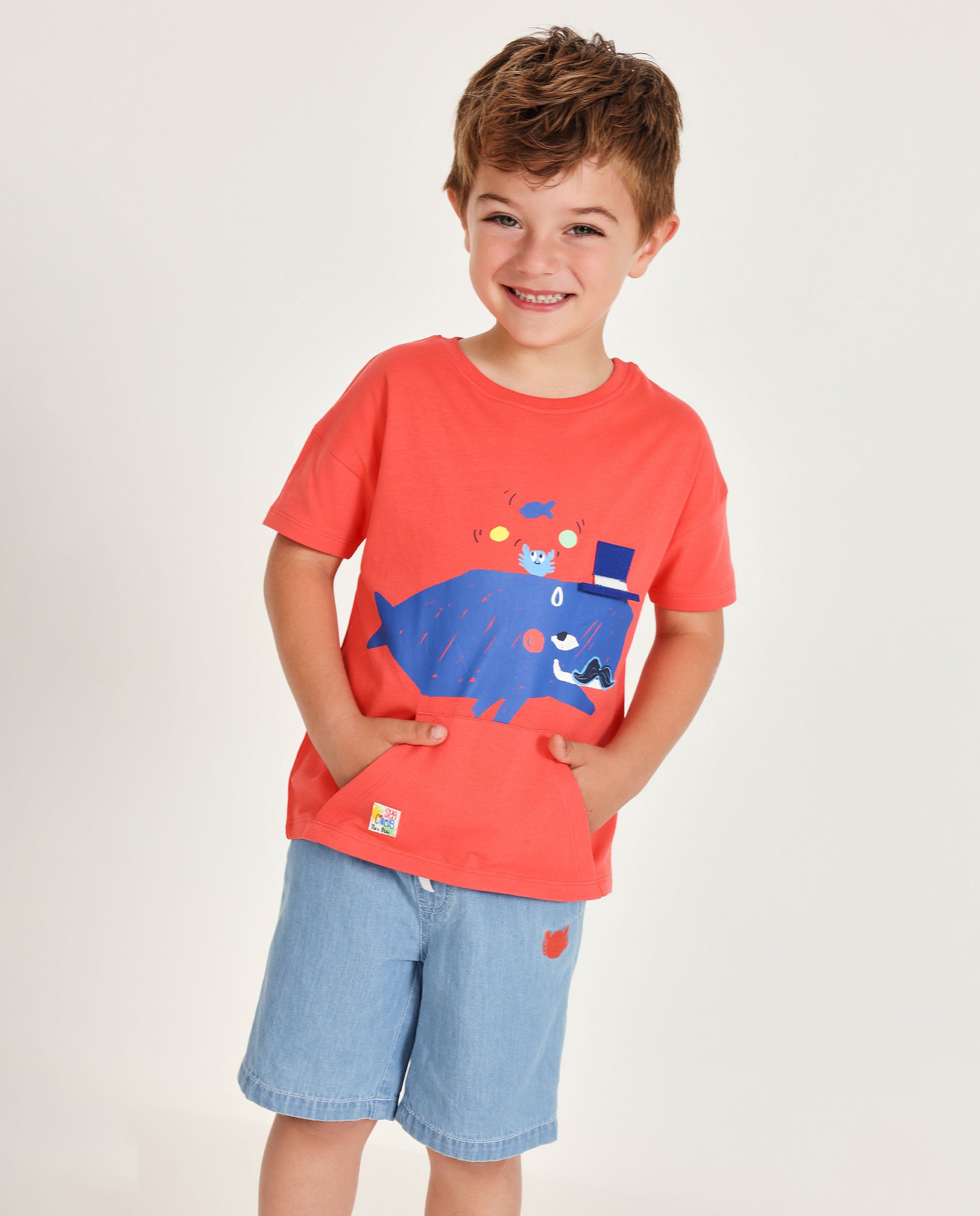 T-shirt Infantil de Malha com Estampado de Baleia Vermelho-2
