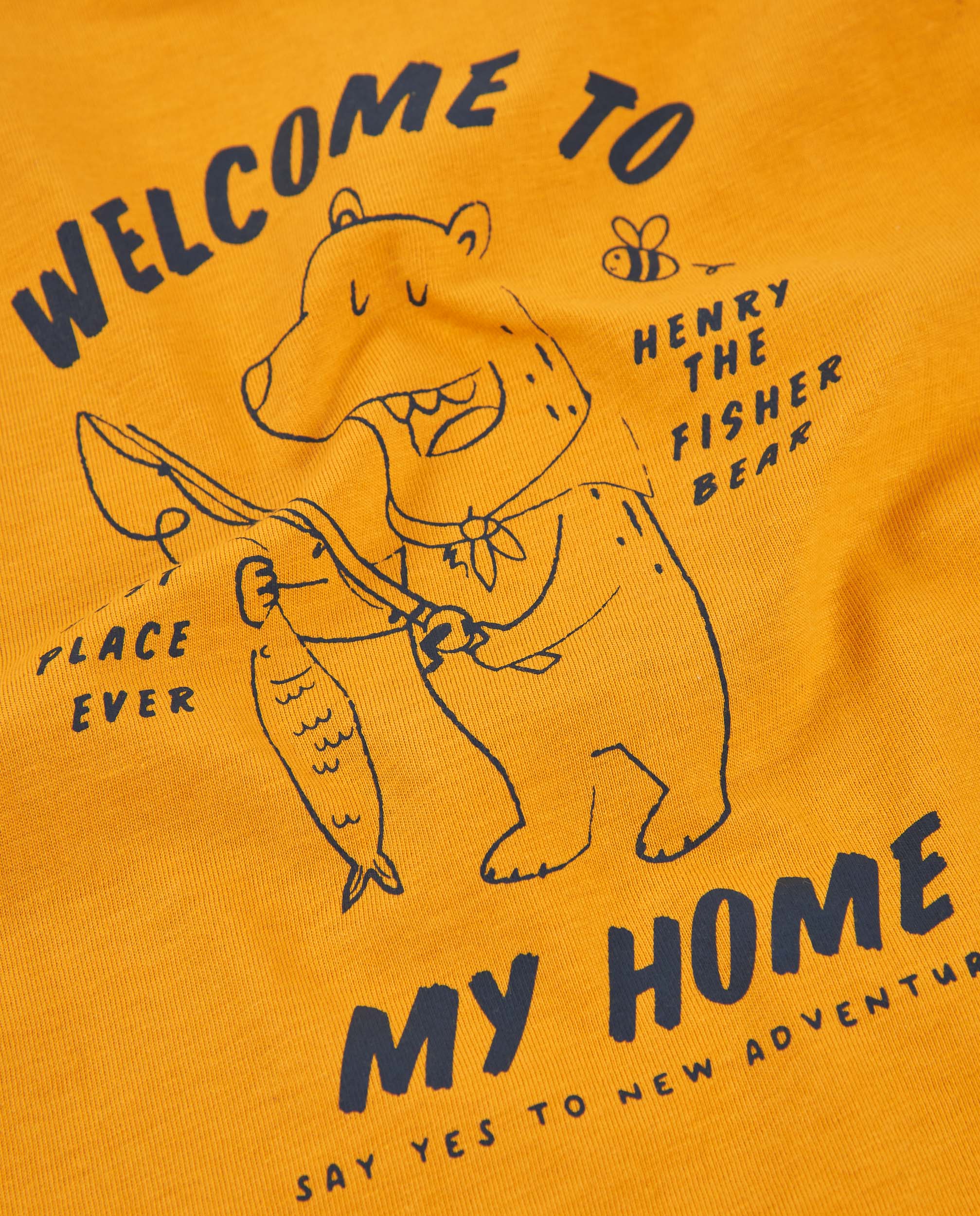 T-shirt Infantil de Malha com Estampado de Urso Pescador Mostarda-4
