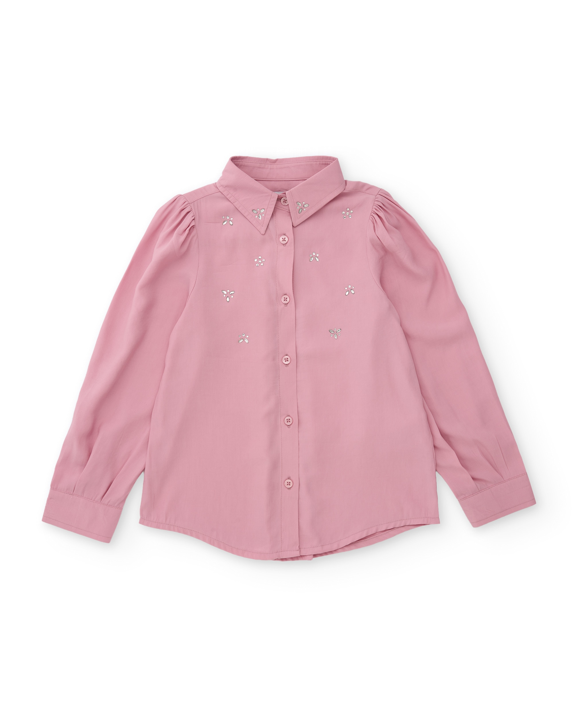 Camisa Infantil de Tecido Plano com Bordados de Pedras Preciosas e Manga Comprida Rosa-2