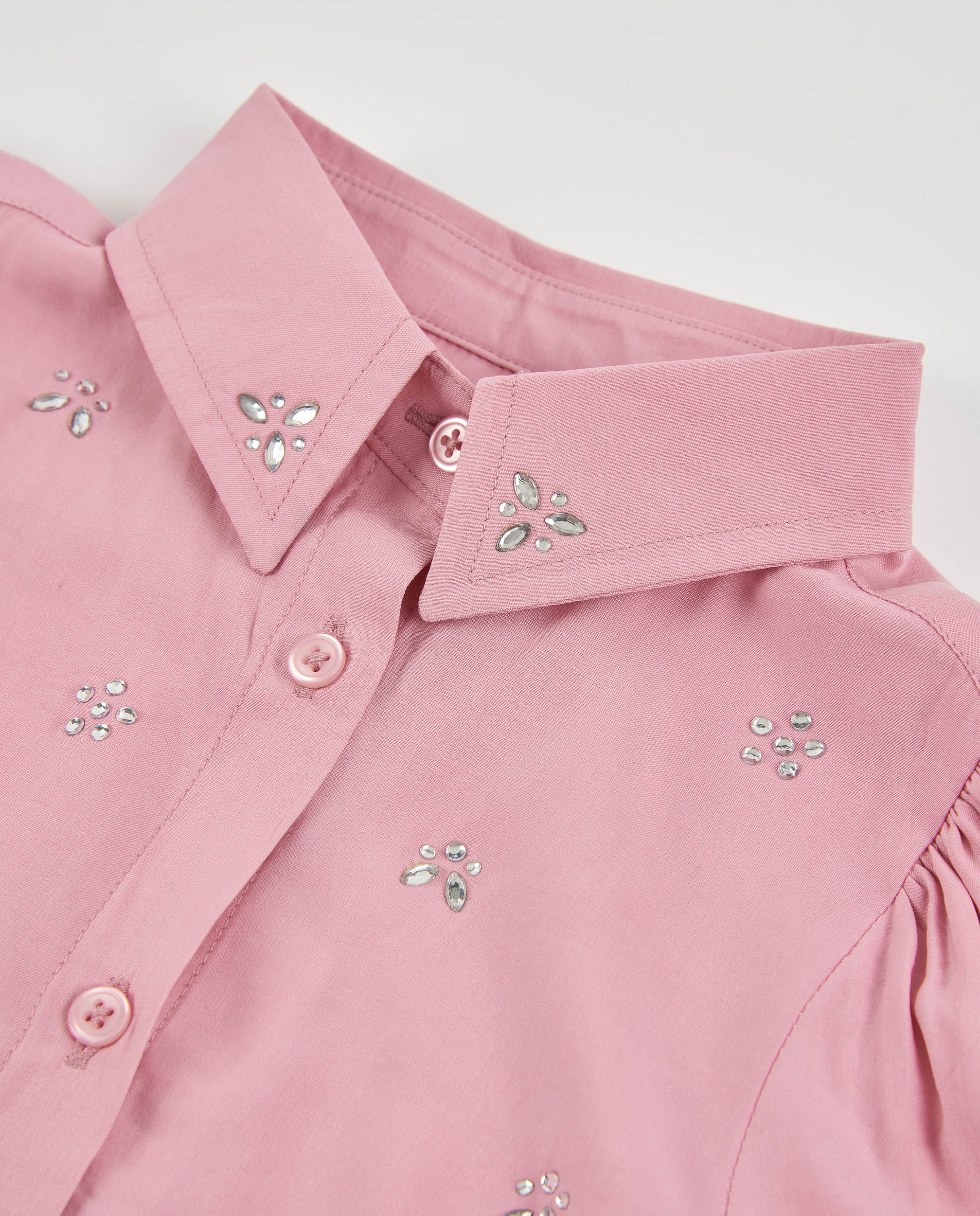 Camisa Infantil de Tecido Plano com Bordados de Pedras Preciosas e Manga Comprida Rosa-4
