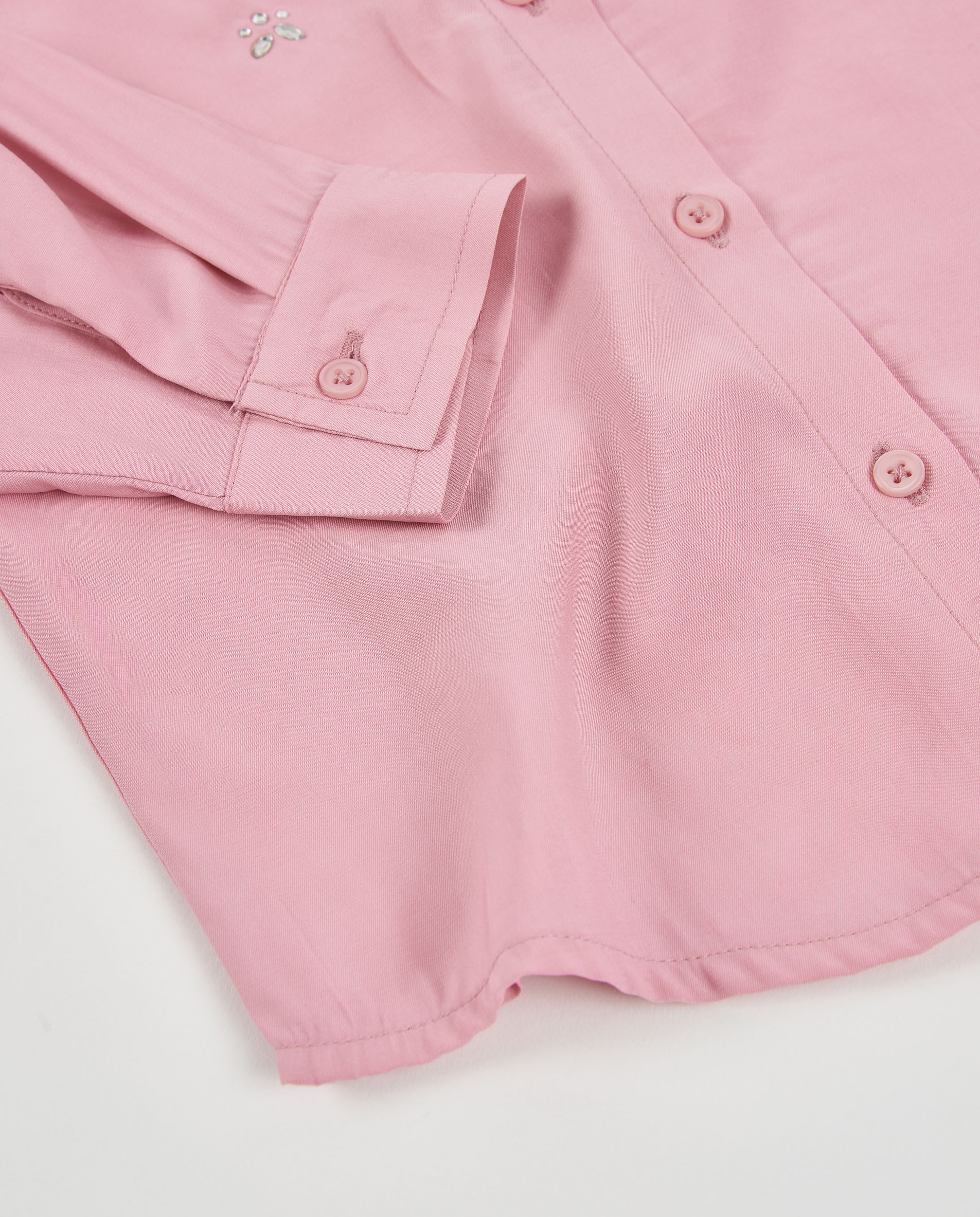 Camisa Infantil de Tecido Plano com Bordados de Pedras Preciosas e Manga Comprida Rosa-5