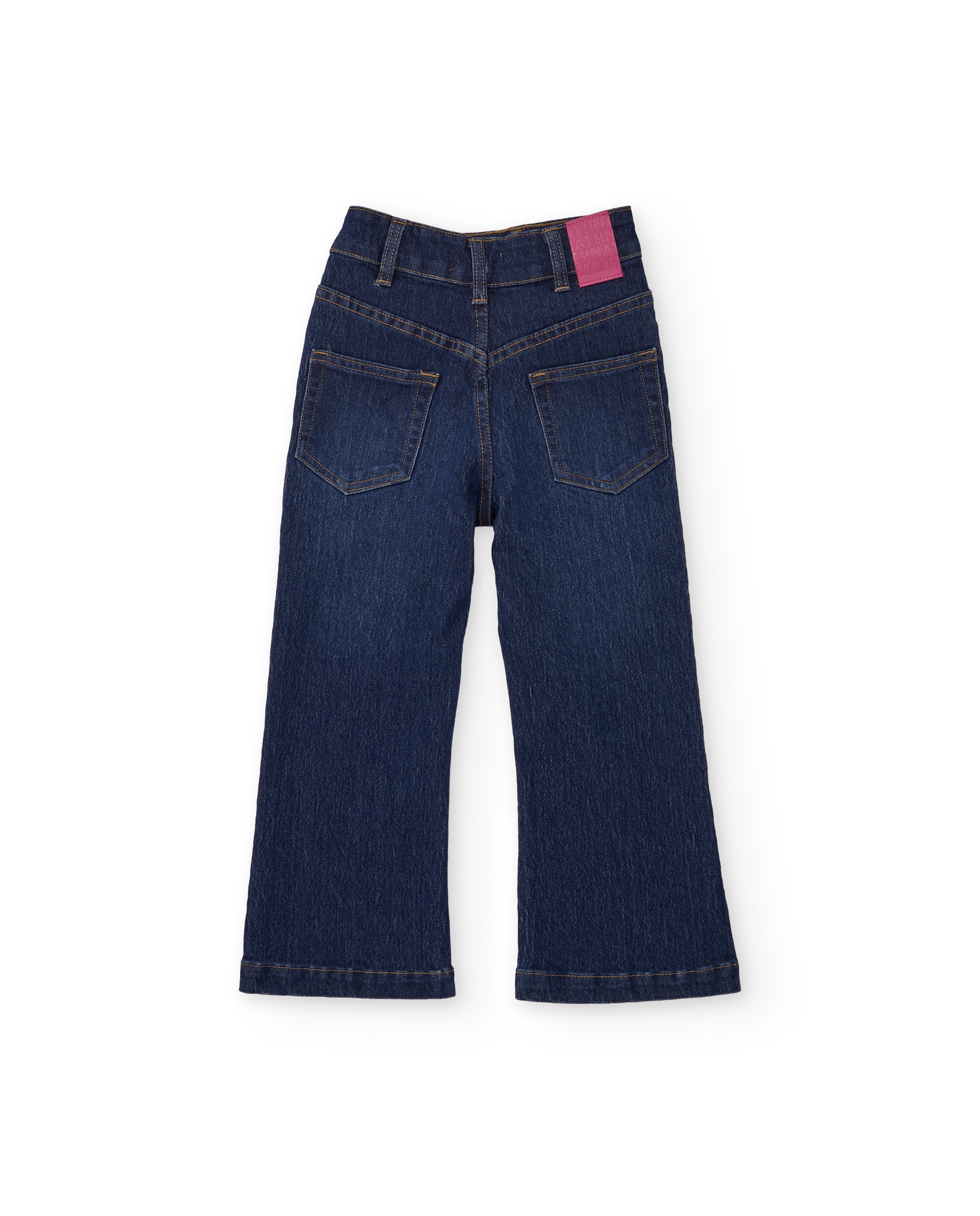 Jeans com Corte a Direito e Laço com Contas de Cores Azul denim-2