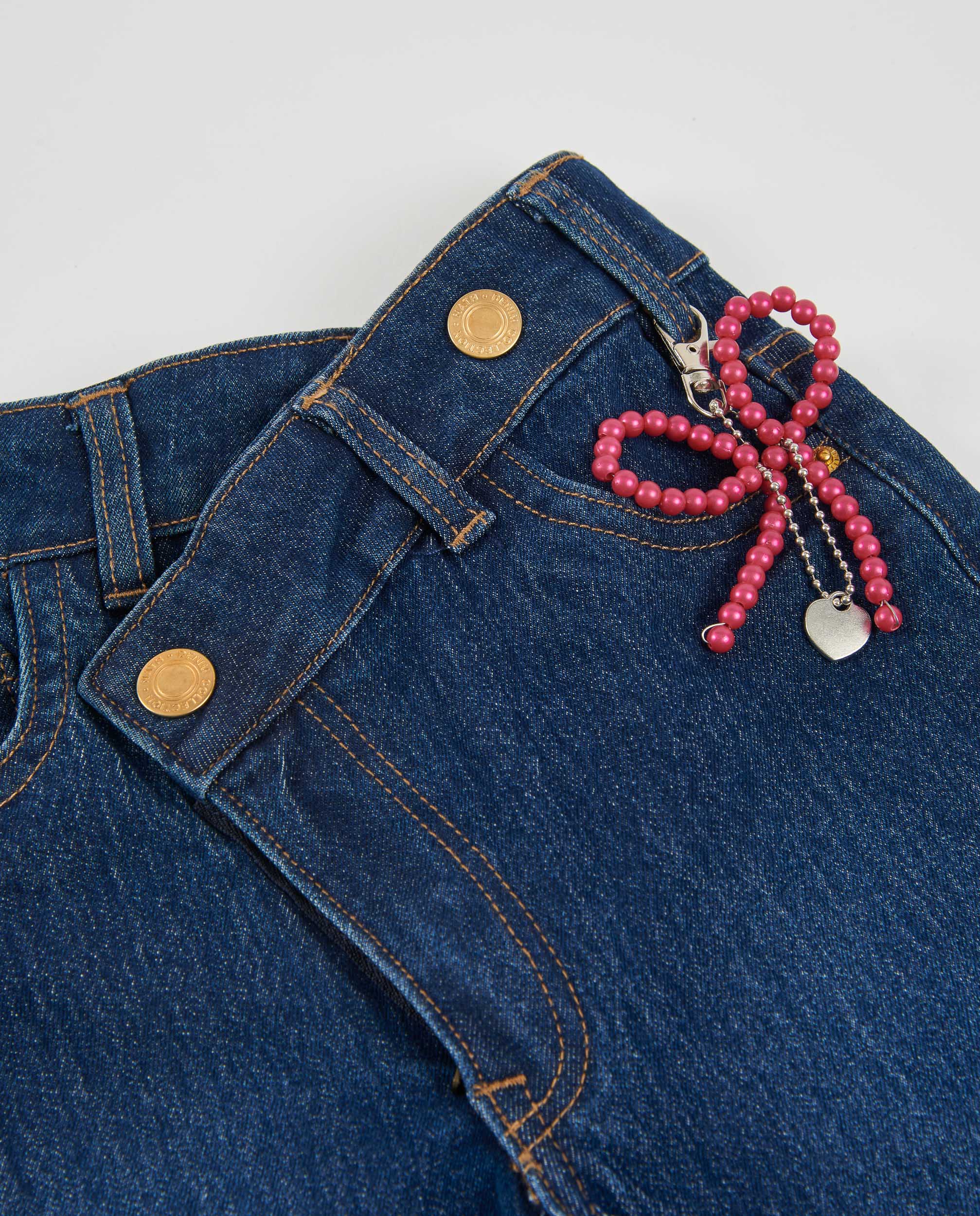 Jeans com Corte a Direito e Laço com Contas de Cores Azul denim-4