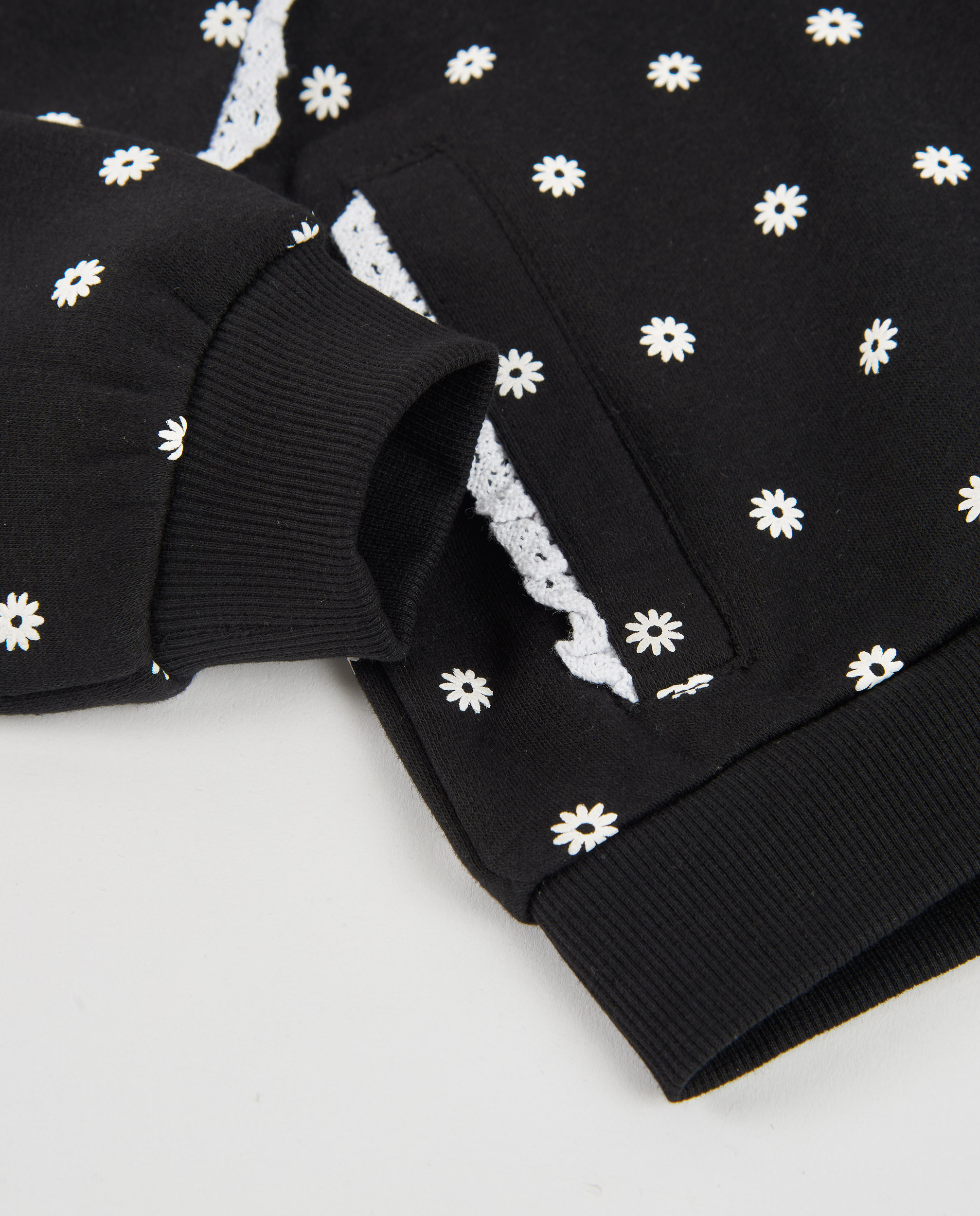 Conjunto Infantil de Felpa com Sweatshirt de Capuz e Estampado Floral Preto-5