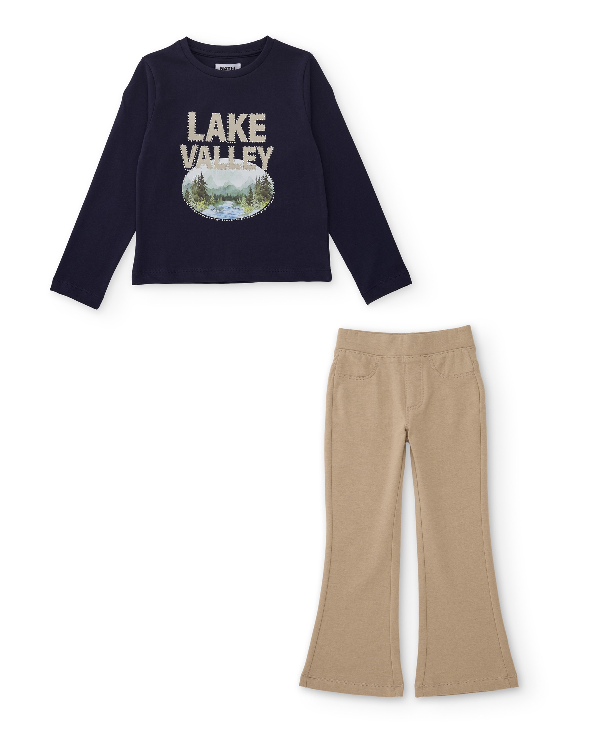 Imagem 0 de Conjunto Infantil de Malha com T-shirt Estampada e Leggings À Boca de Sino