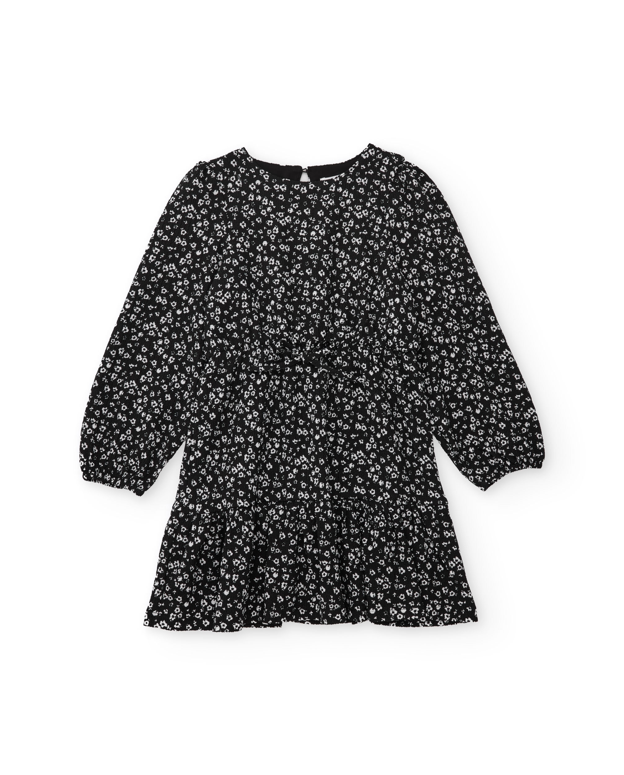 Vestido Infantil de Tecido Plano com Design Floral e Mangas com Folhos Preto-2