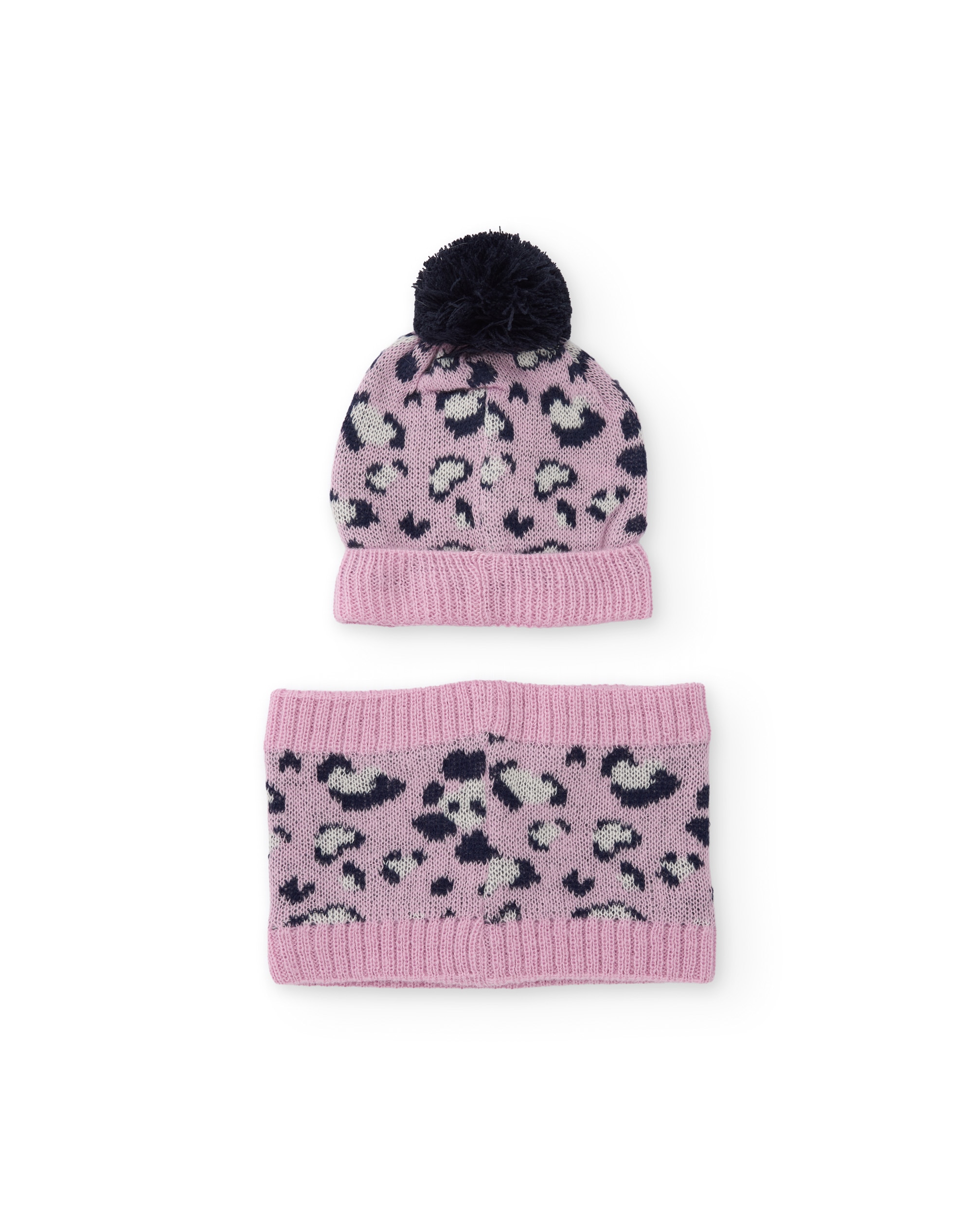Set Infantil de Tricô com Chapéu e Gola em Animal Print Rosa-2