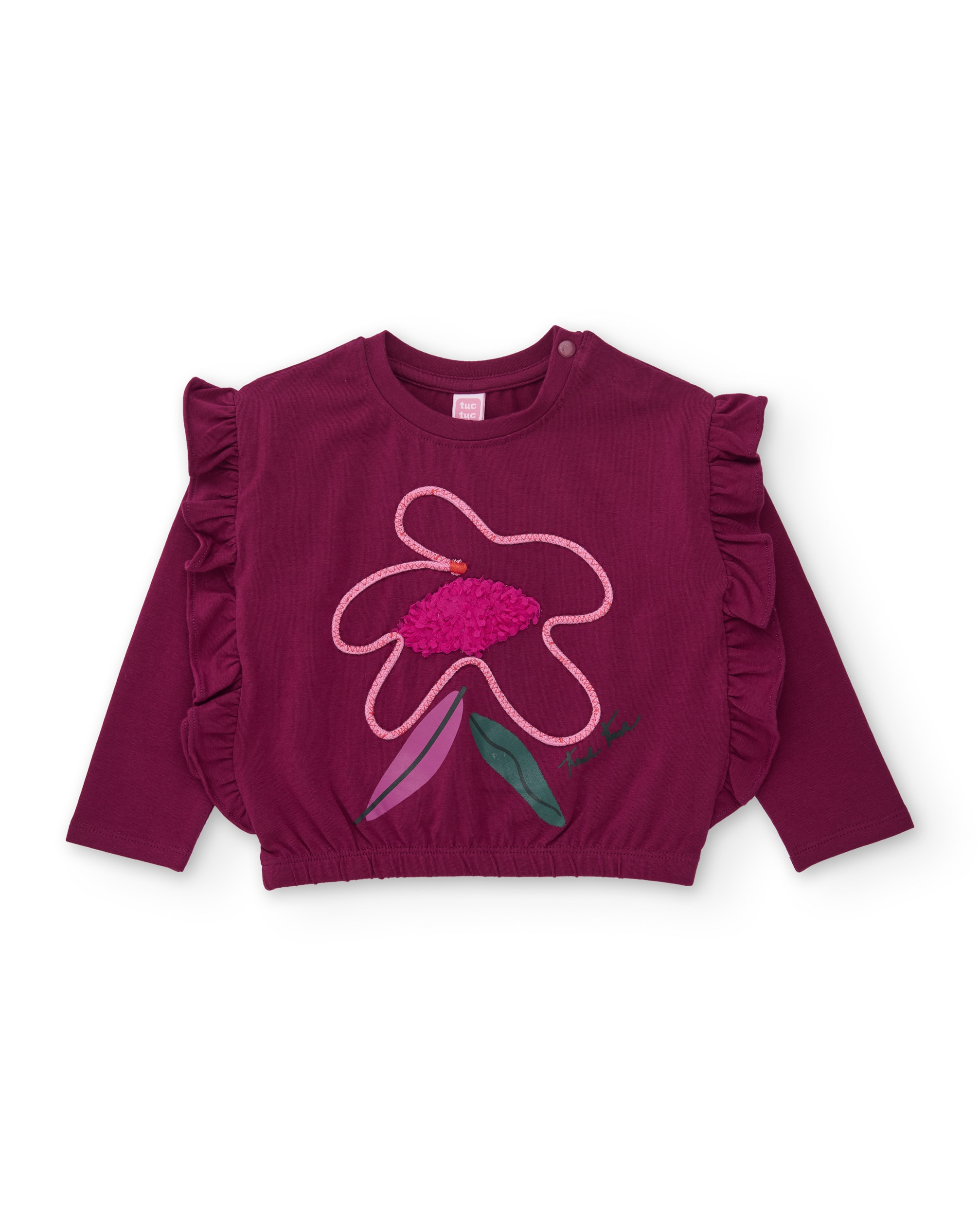 T-shirt Infantil de Malha com Folhos nas Mangas e Design Floral Bordeaux-2
