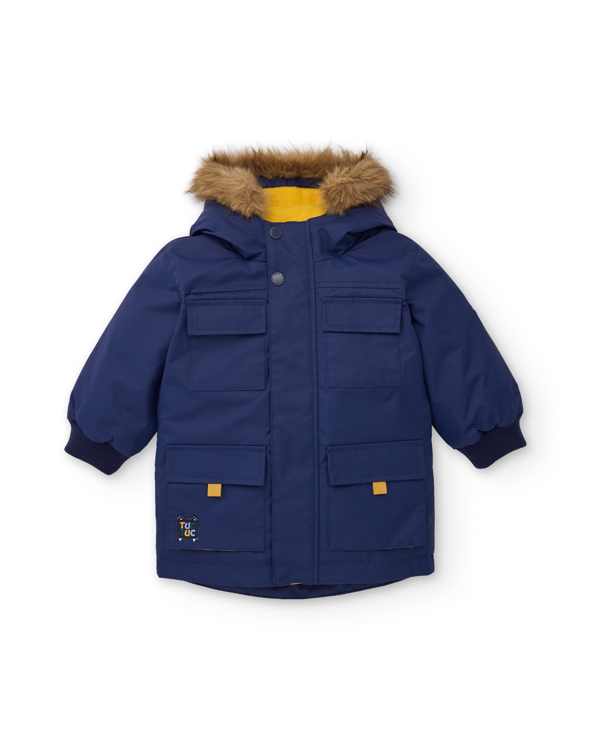 Sobretudo Infantil com Capuz de Rebordo em Pelo e Forro Polar Azul-marinho-2