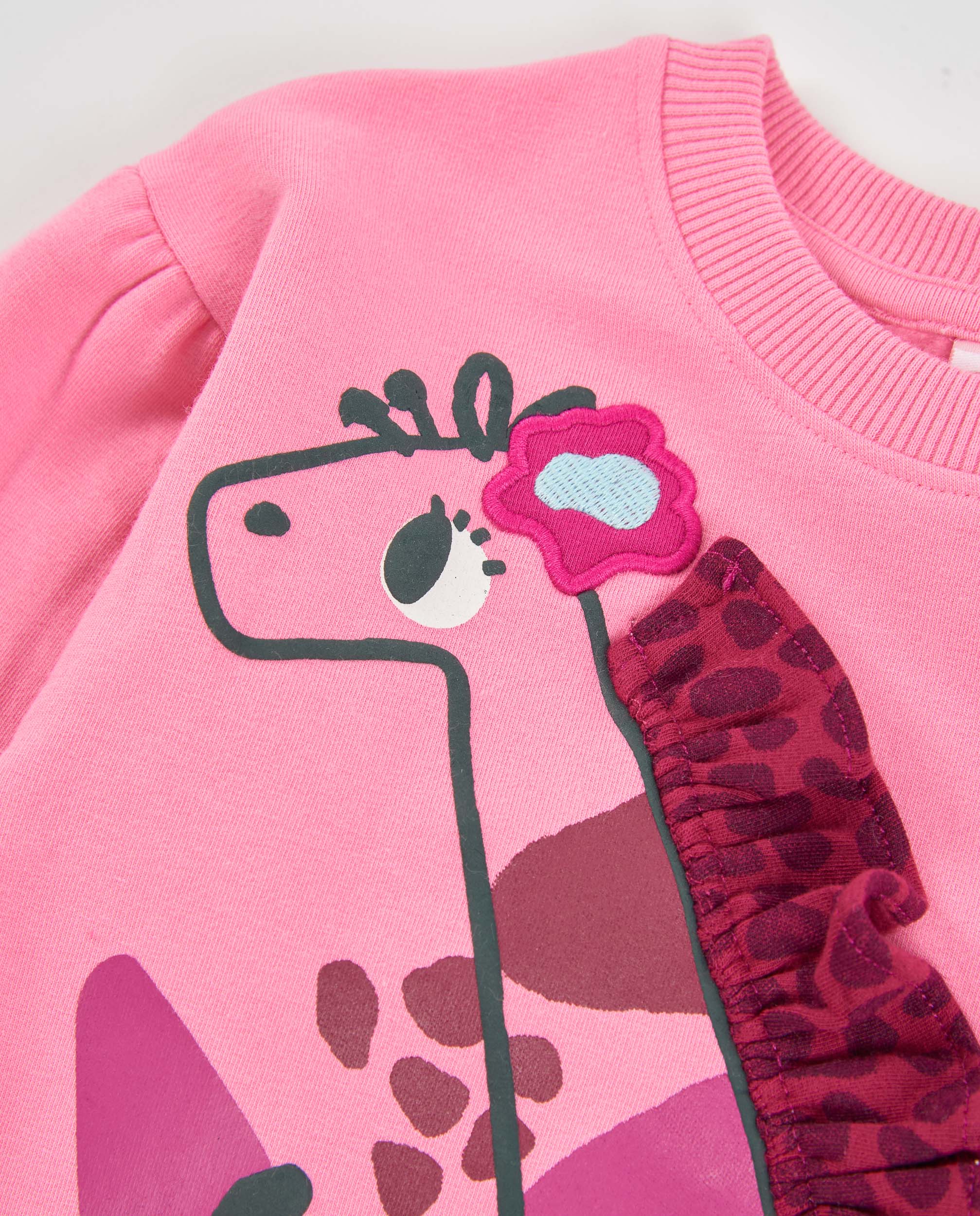 Sweatshirt Infantil de Felpa com Estampado de Girafa e Folhos Rosa-4