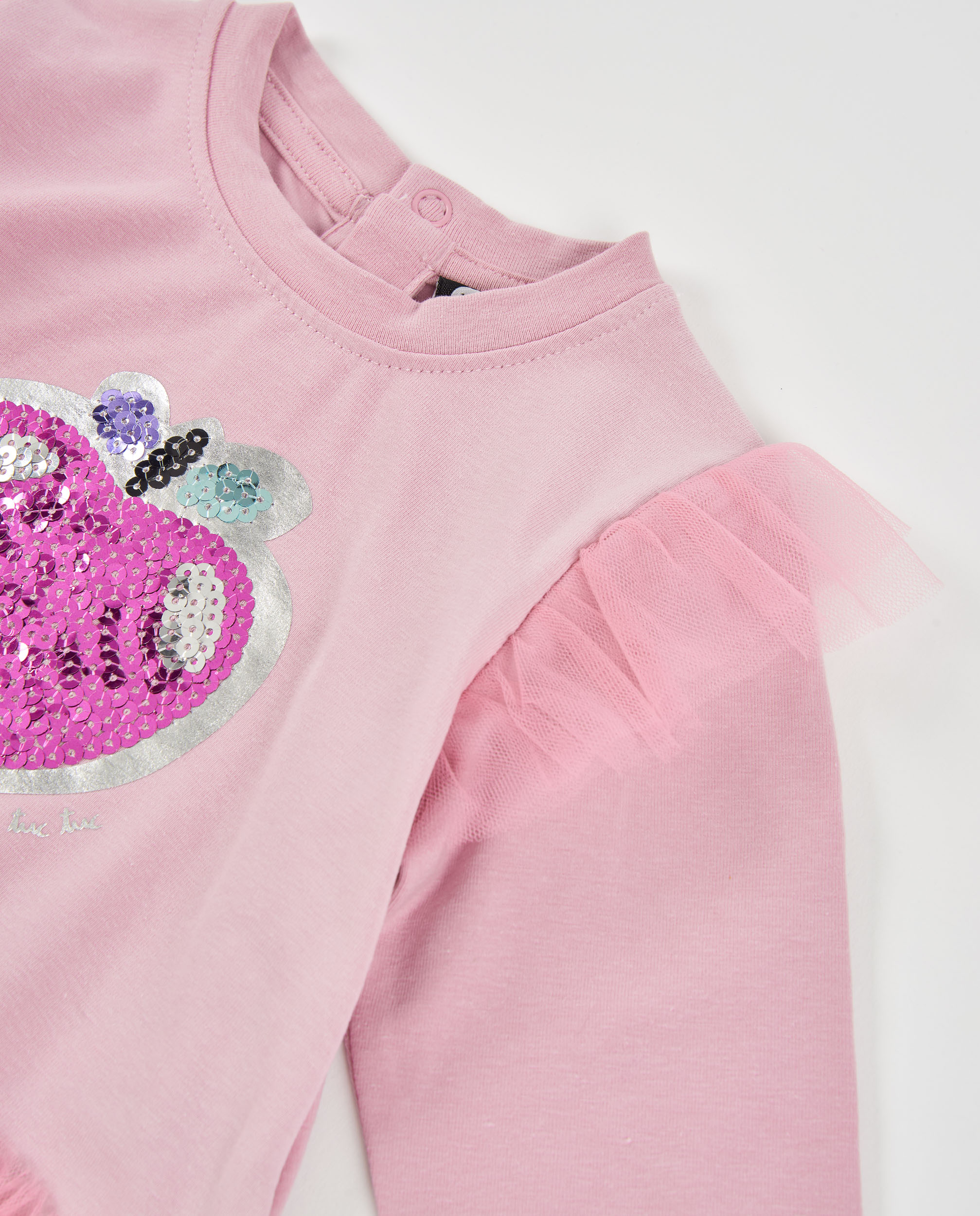 T-shirt Infantil de Malha com Folhos e Detalhe de Lantejoulas Rosa-3