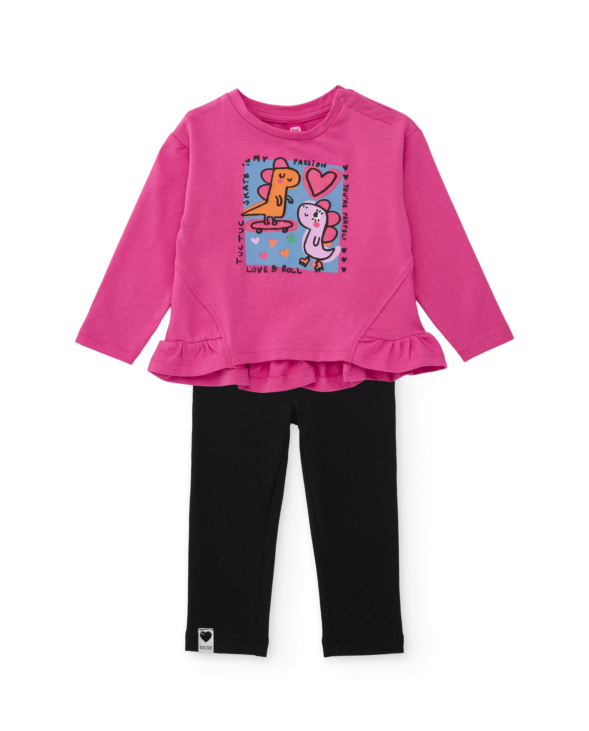 Conjunto Infantil de Malha com T-shirt de Gráfico Dinossauros e Leggings em Conjunto Fúcsia-1