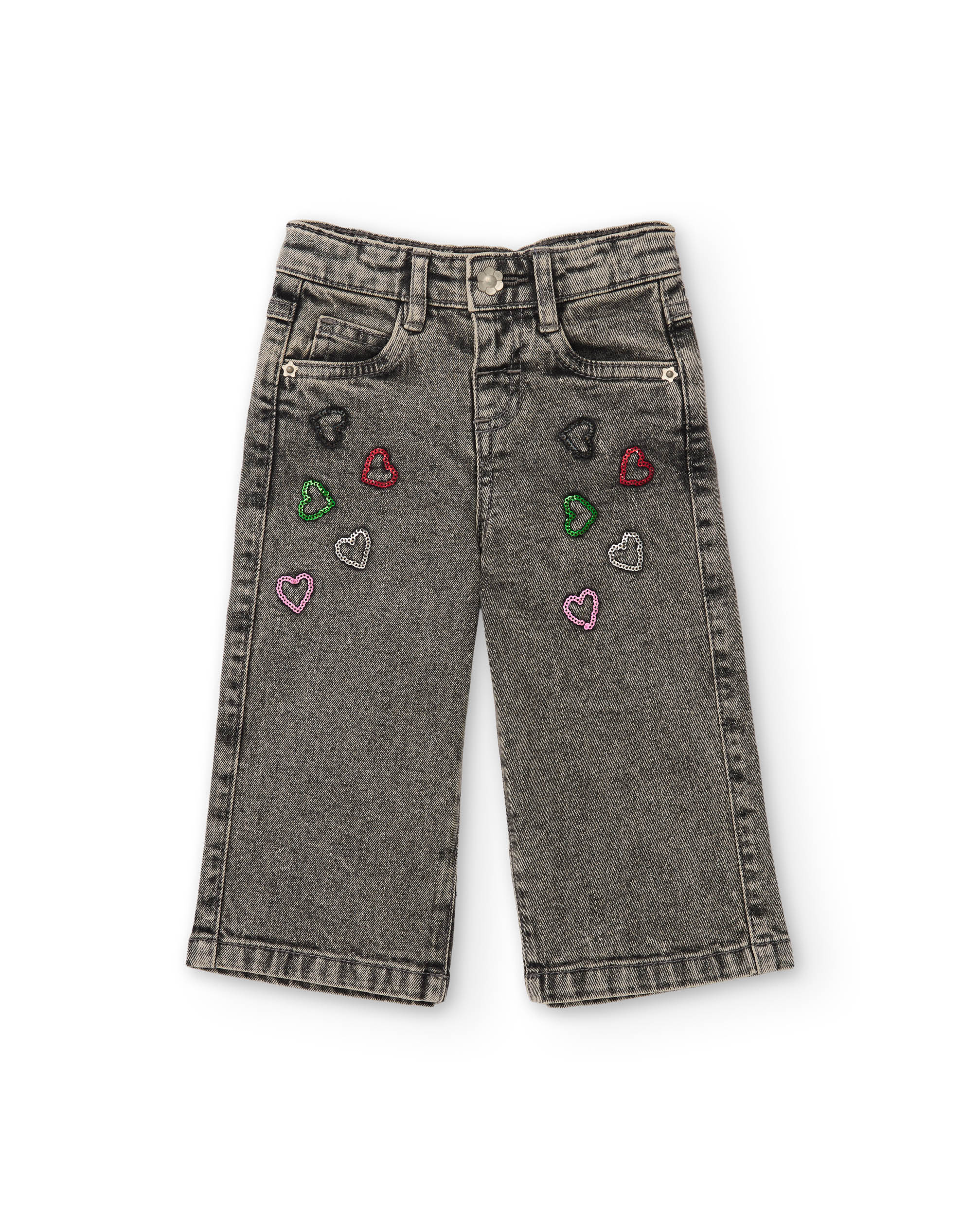 Jeans Infantil com Bordados de Corações e Acabamento Lavado Rosa-2