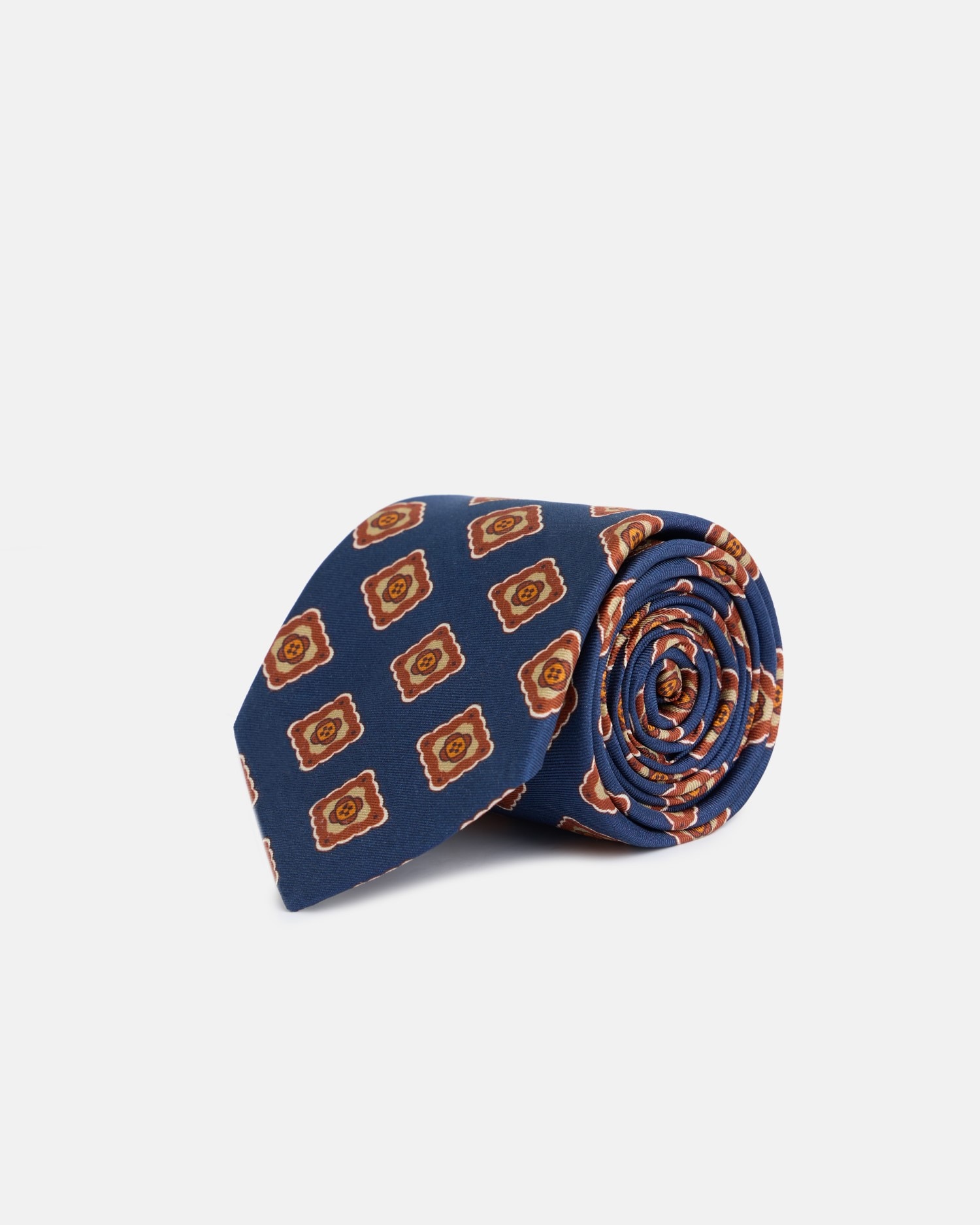 Gravata em Seda com Estampado Azulejo Azul-marinho / Laranja-1