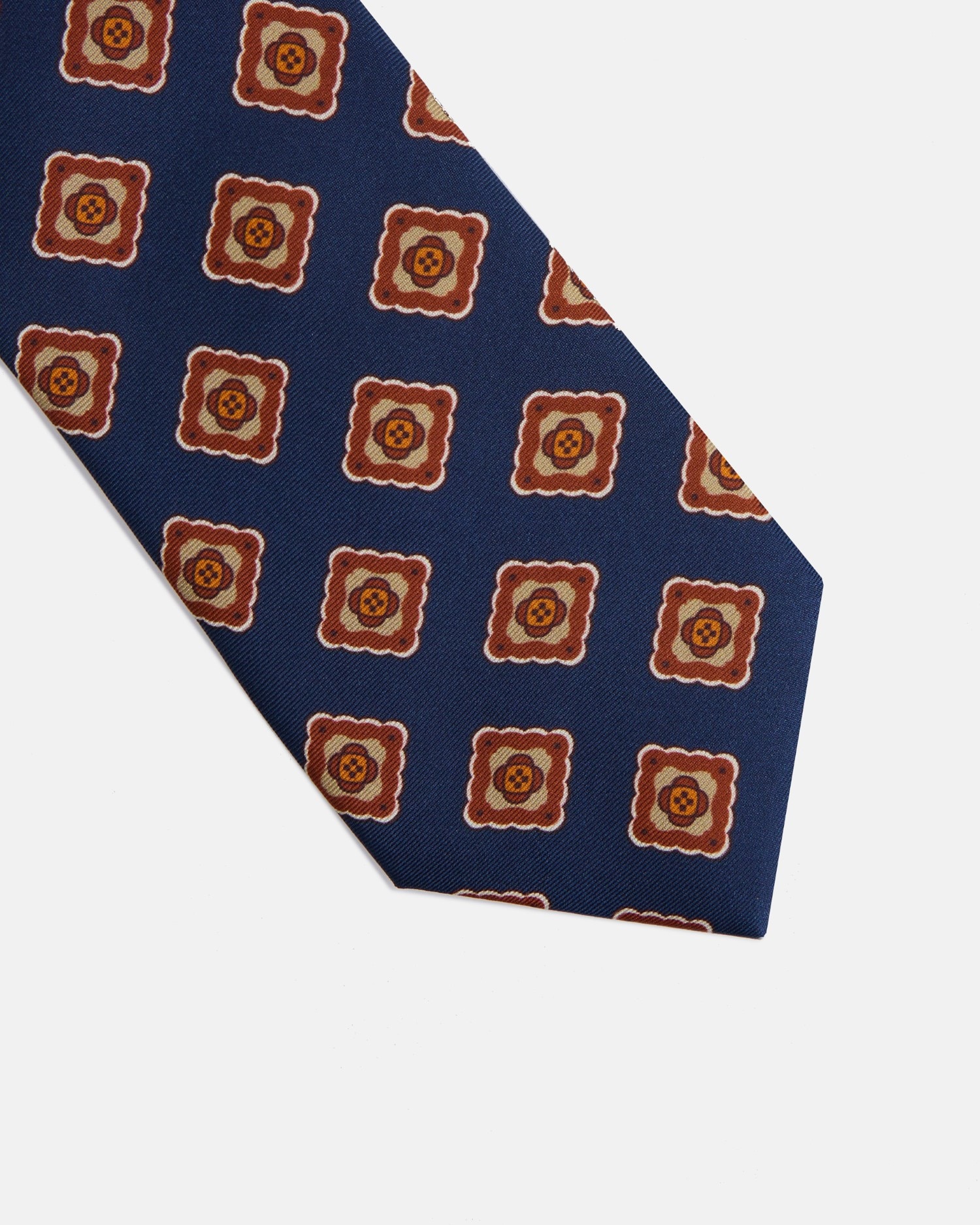 Gravata em Seda com Estampado Azulejo Azul-marinho / Laranja-2