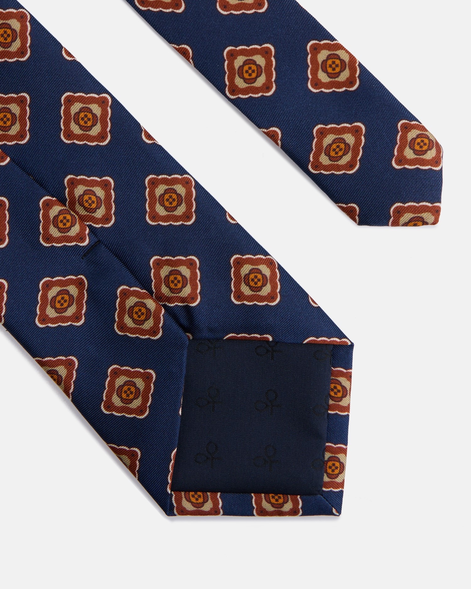 Gravata em Seda com Estampado Azulejo Azul-marinho / Laranja-3