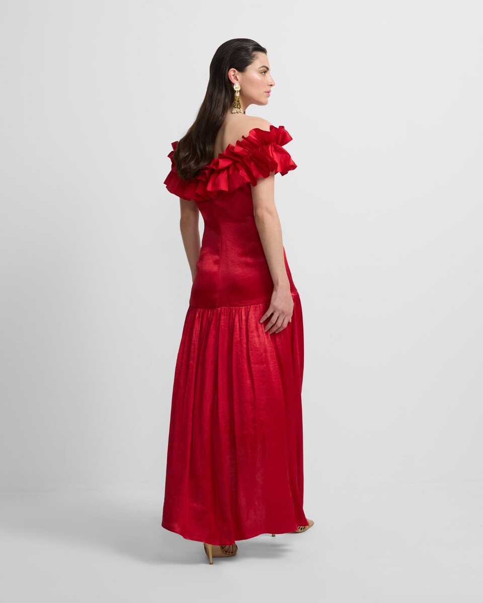 Vestido Event Collection com Folho e Comprido Assimétrico Vermelho-2