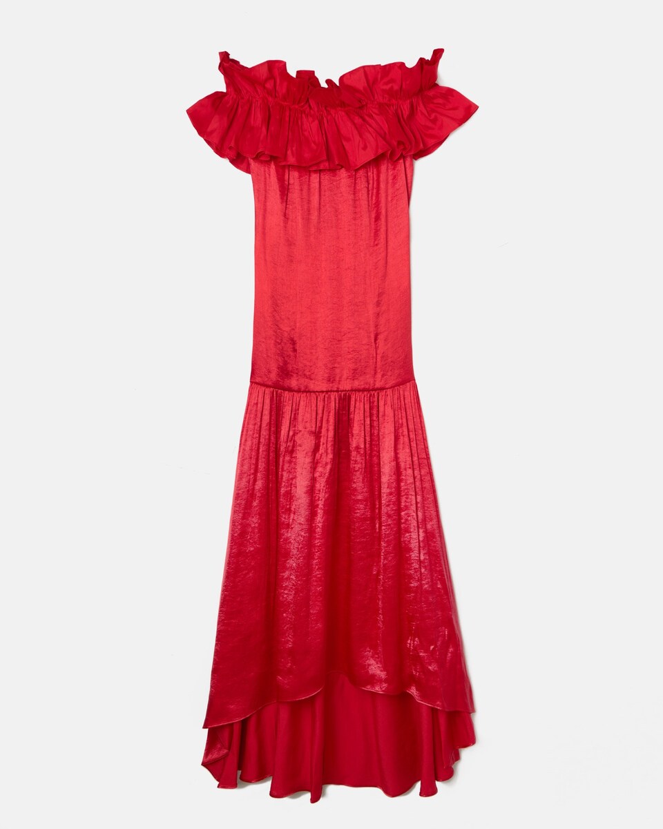 Vestido Event Collection com Folho e Comprido Assimétrico Vermelho-4