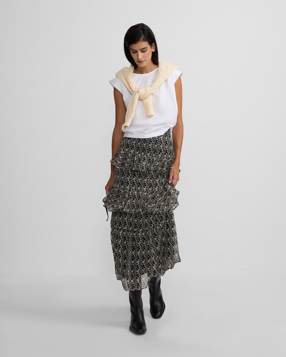 Saia Comprida com Folhos Estampado em Preto Preto-1