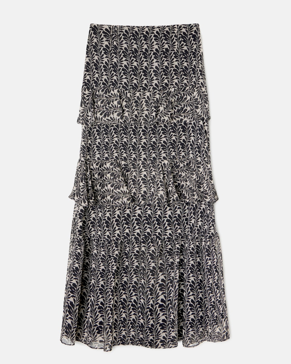 Saia Comprida com Folhos Estampado em Preto Preto-4