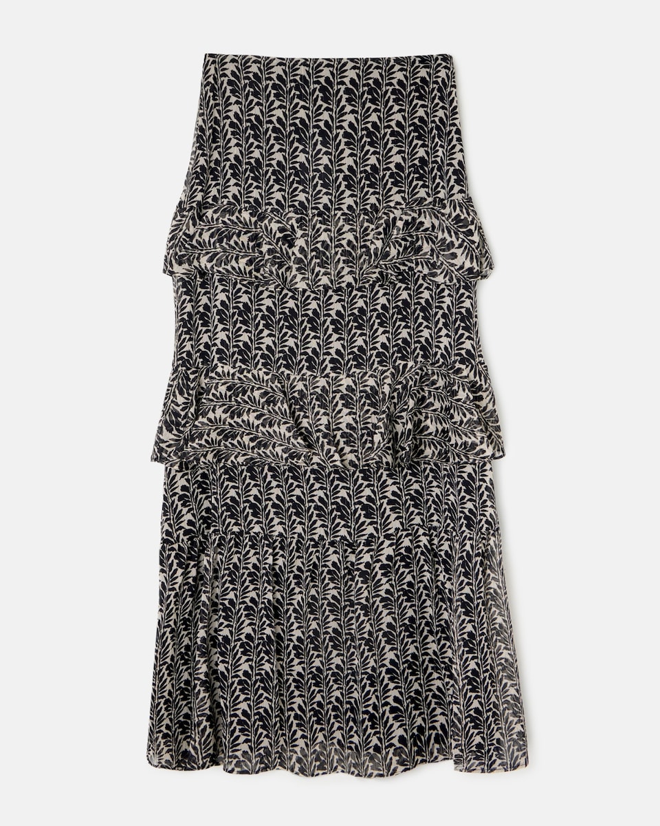 Saia Comprida com Folhos Estampado em Preto Preto-5