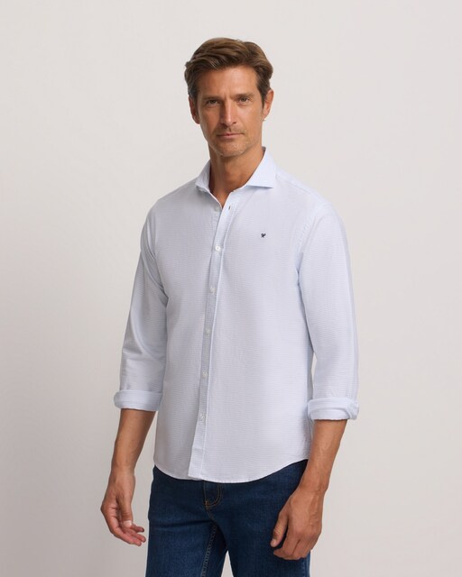 Imagem 0 de Camisa Oxford Sport com Riscas Horizontais em Celeste