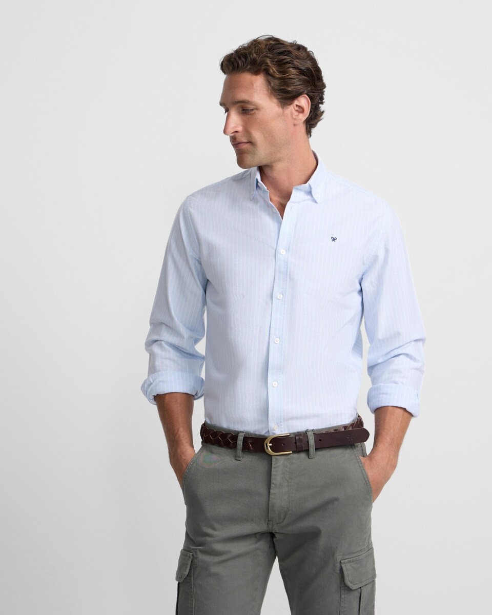 Camisa Oxford Sport Raquetes e Riscas Azul Branco-1