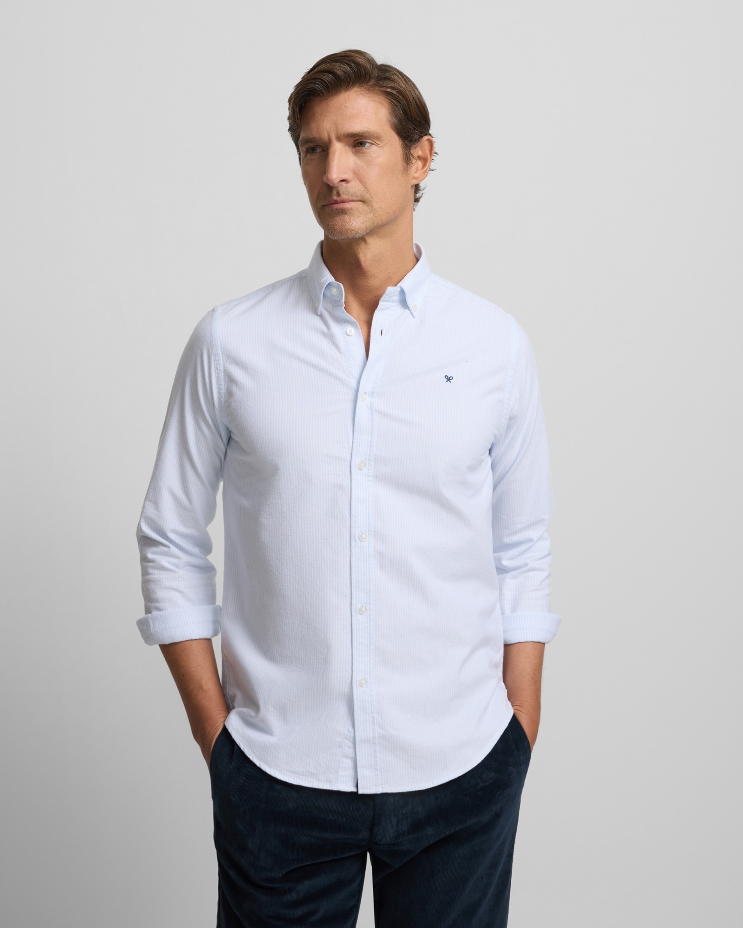 Camisa Oxford Regular Fit Às Riscas em Celeste Azul-celeste-1