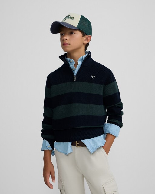 Imagem 0 de Camisola Infantil Às Riscas com Fecho Zip Médio em Verde