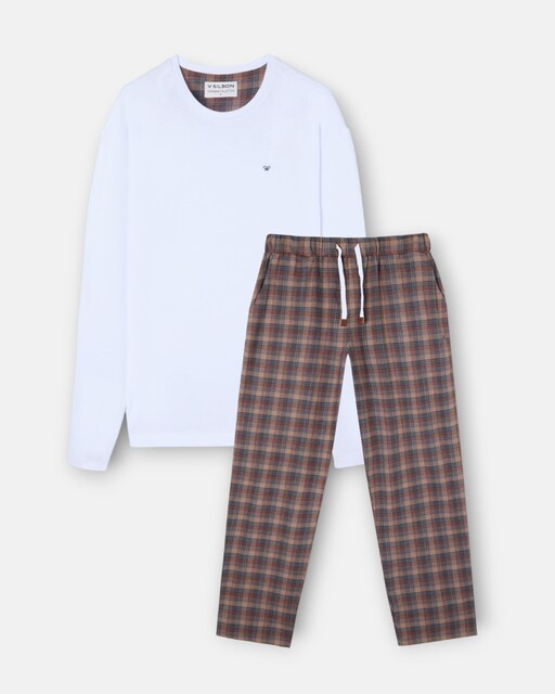 Imagem 0 de Pijama Completo Aos Quadrados Tartã em Castanho e Cinzento