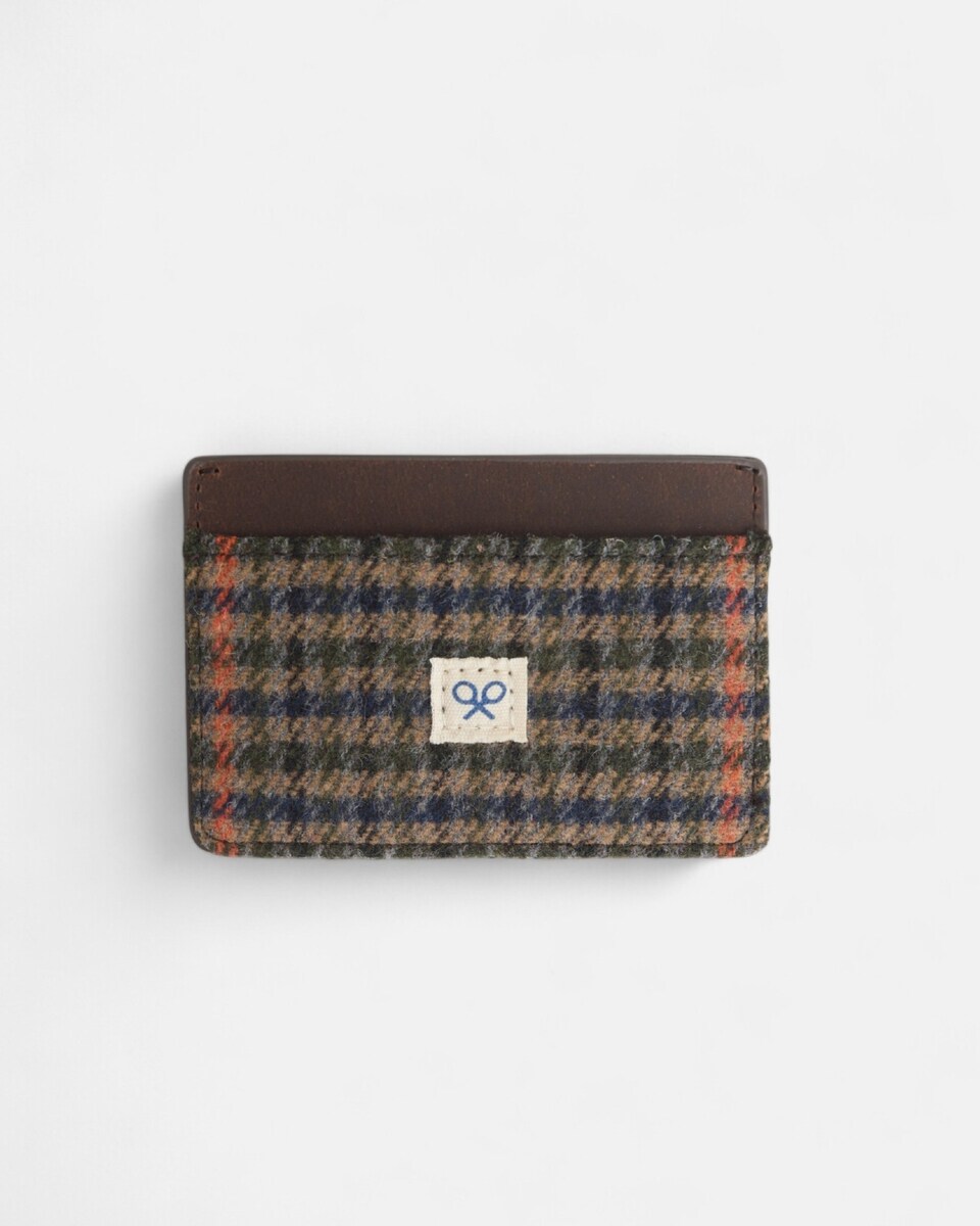 Porta-cartões em Pele com Tecido aos Quadrados em Castanho Castanho-1