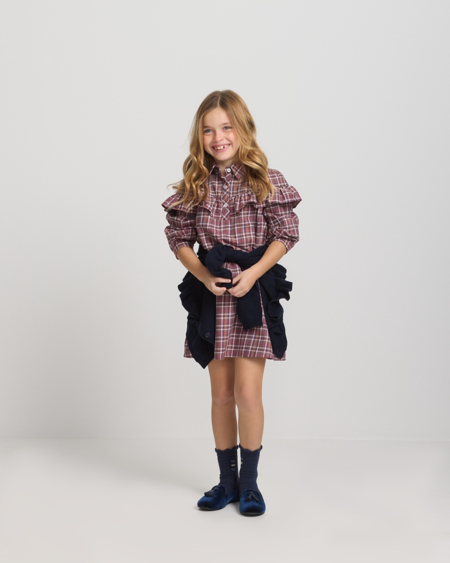 Imagem 0 de Vestido Infantil Folho Aos Quadrados em Roxo e Rosa