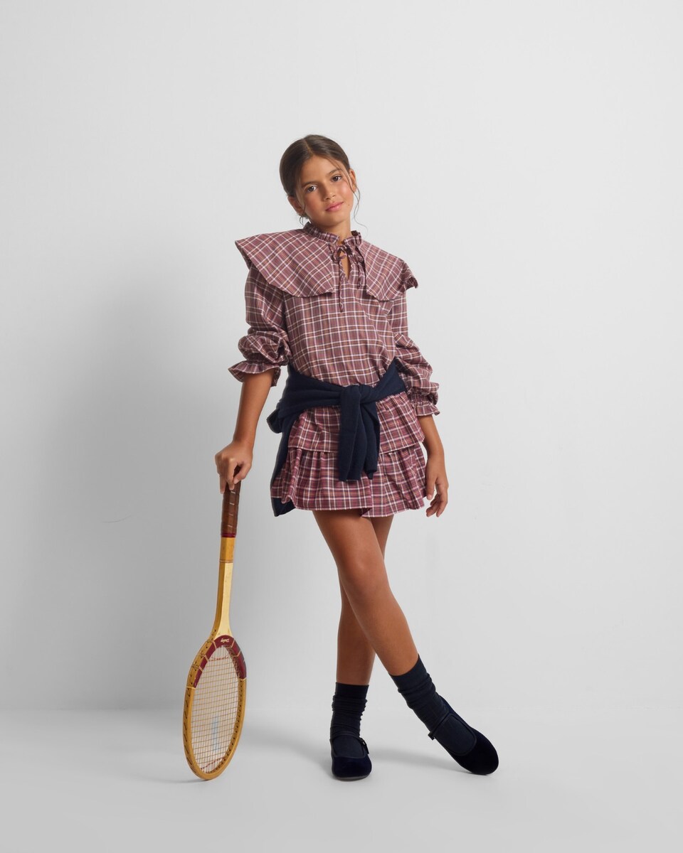 Saia Infantil com Folhos Aos Quadrados em Roxo e Rosa Roxo-1