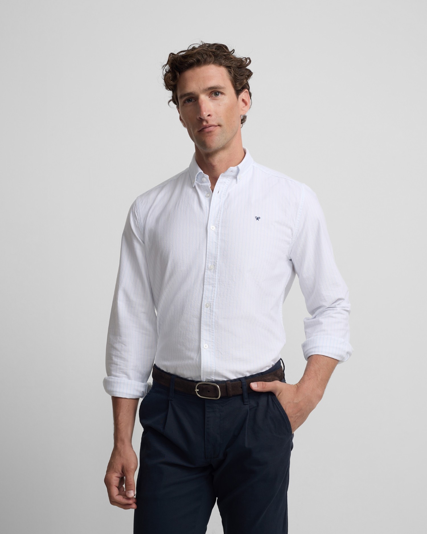 Camisa Sport Oxford Às Riscas Celestes Branca Branco-1