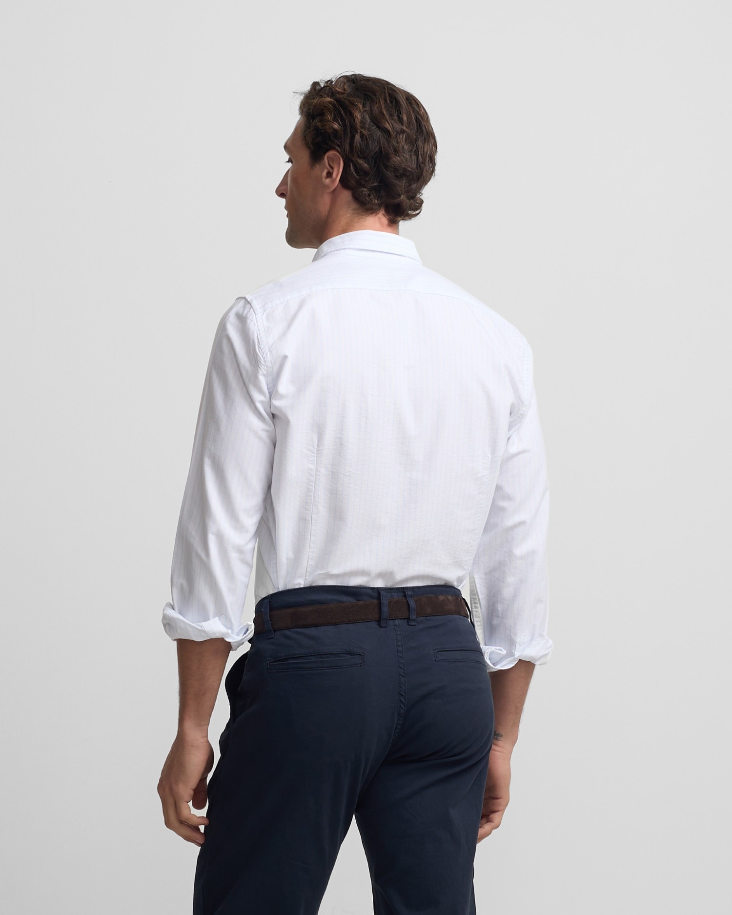 Camisa Sport Oxford Às Riscas Celestes Branca Branco-2