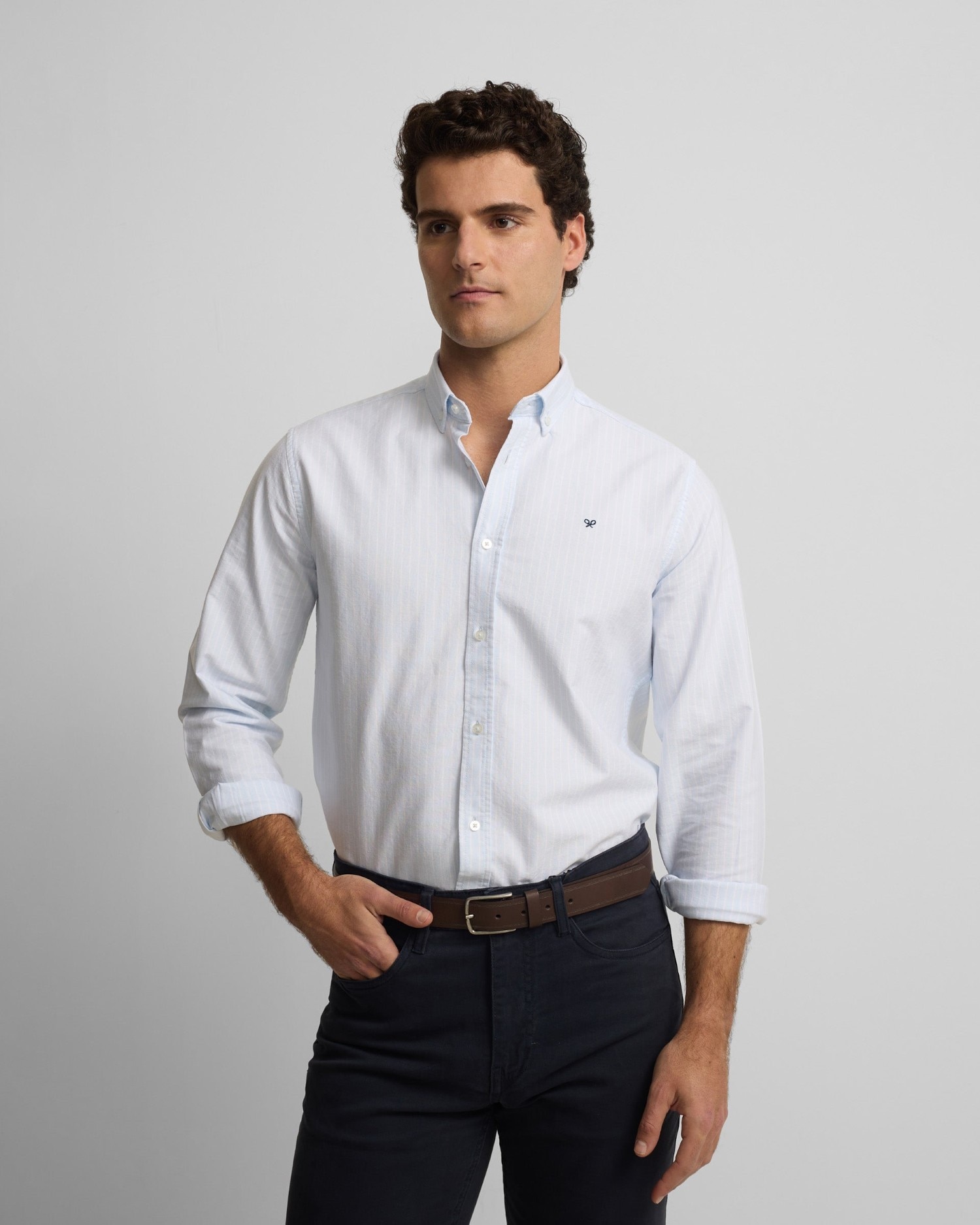 Imagem 0 de Camisa Sport Oxford Às Riscas em Branco Celeste