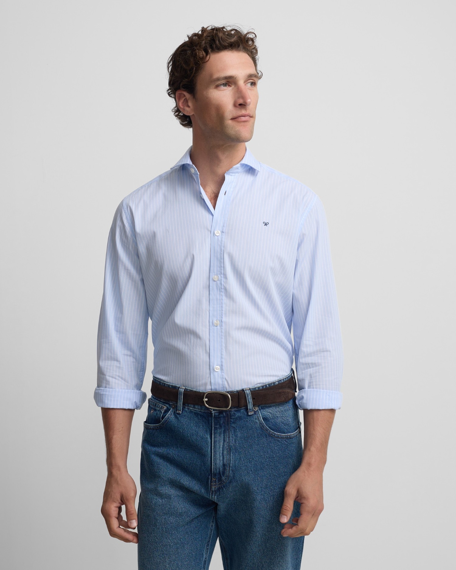 Camisa Sport Classic Às Riscas em Branco Celeste Azul-celeste-1