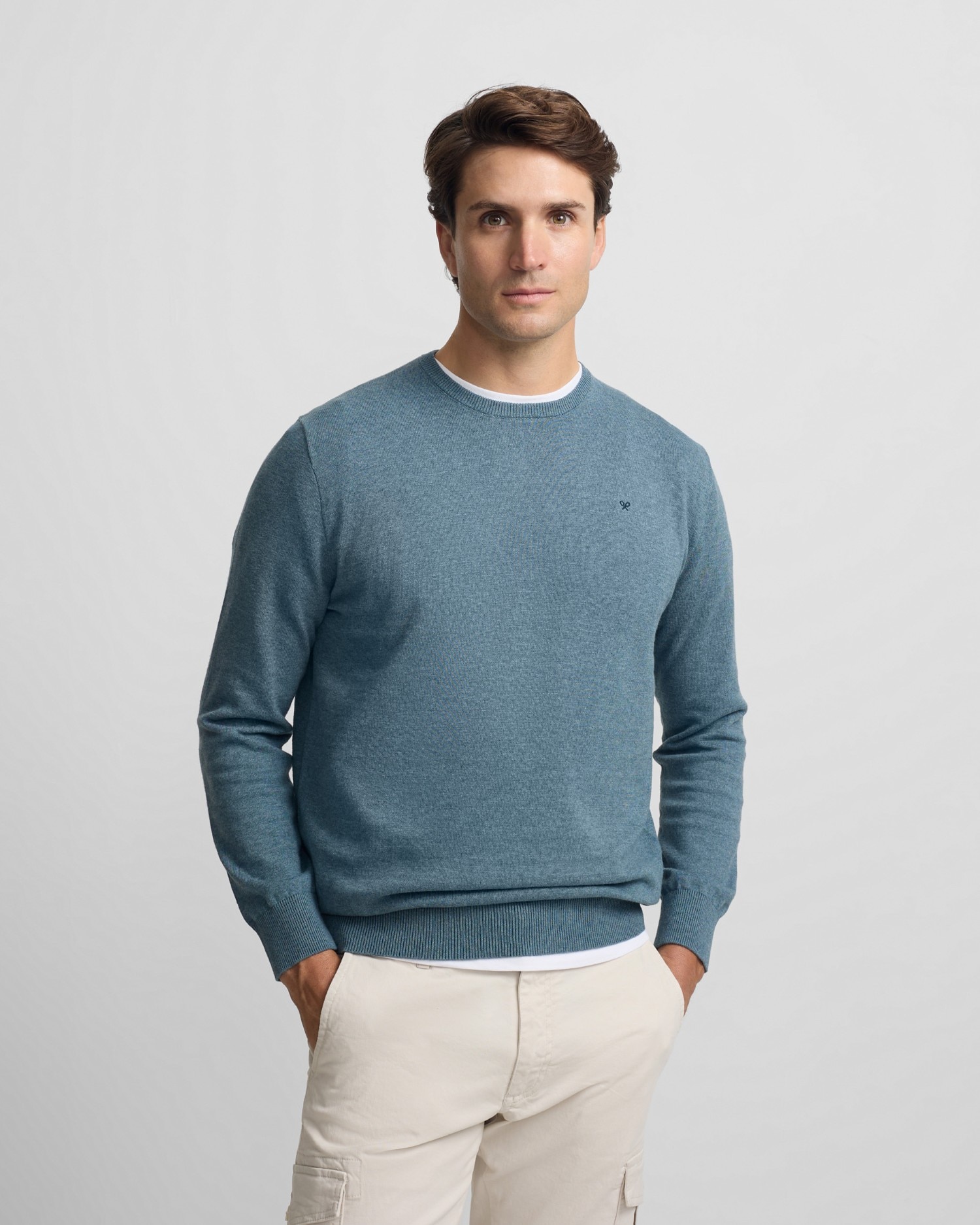 Camisola Lisa com Gola Redonda Azul-acinzentado-1