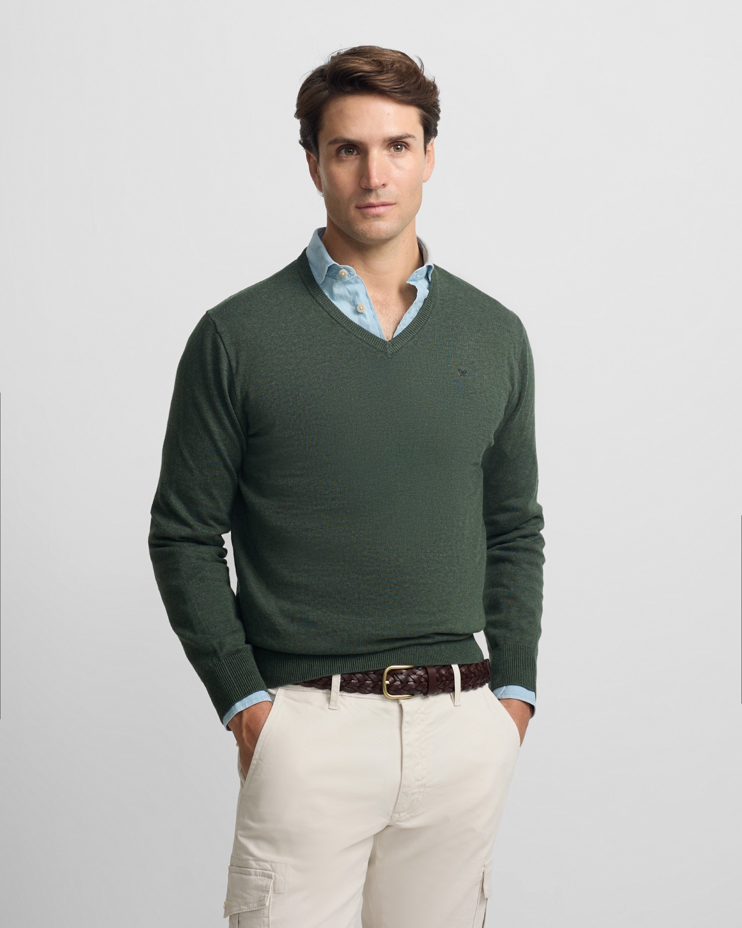 Camisola Lisa com Gola em V Verde-escuro-1