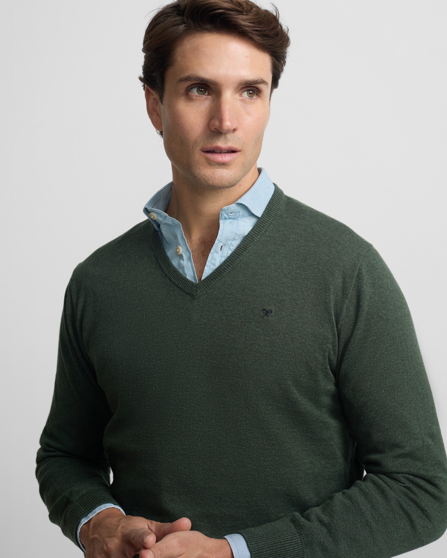 Camisola Lisa com Gola em V Verde-escuro-3