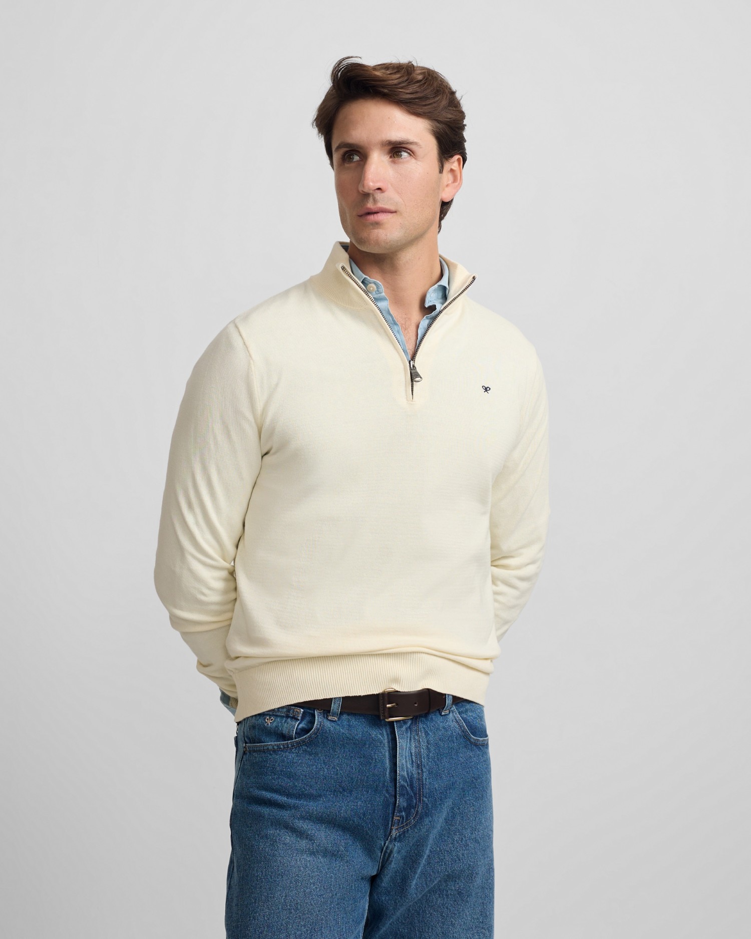 Camisola Lisa com Meia Fecho Zip Creme-1