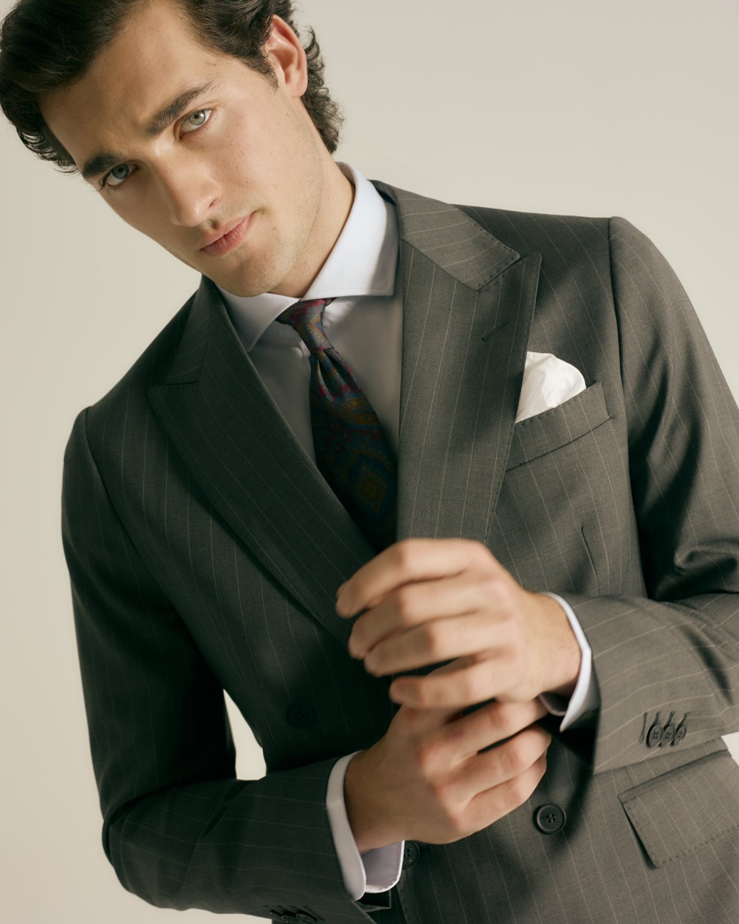 Blazer de Fato Cruzado Às Riscas Diplomáticas em Cinzento Cinzento-3