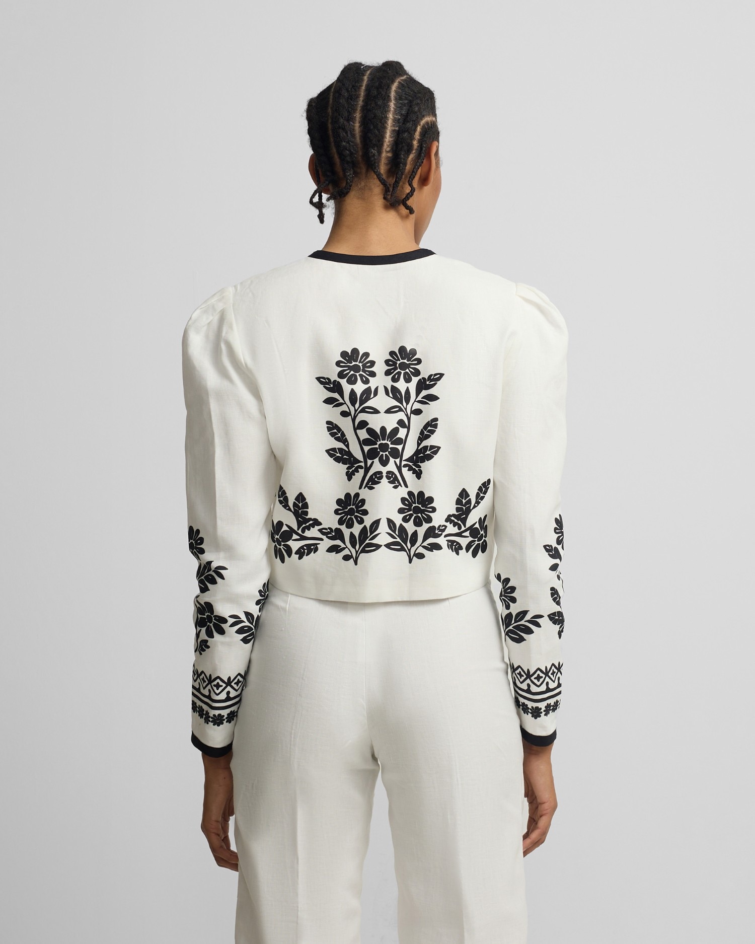 Casaco Curto em Linho com Estampado em Branco Branco-2