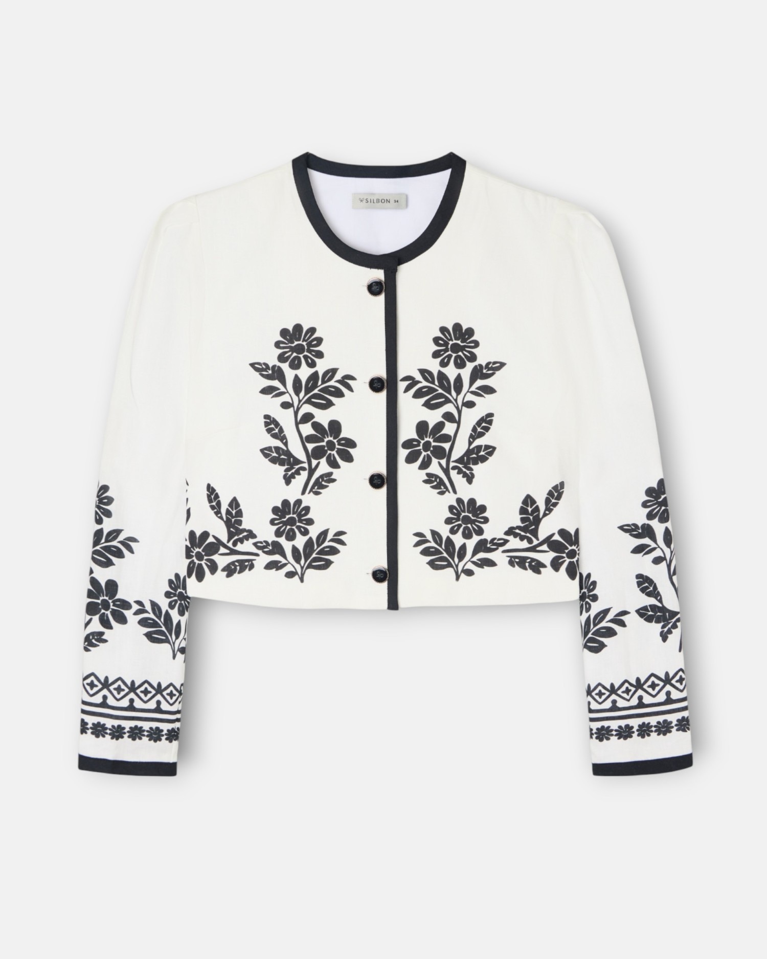 Casaco Curto em Linho com Estampado em Branco Branco-4