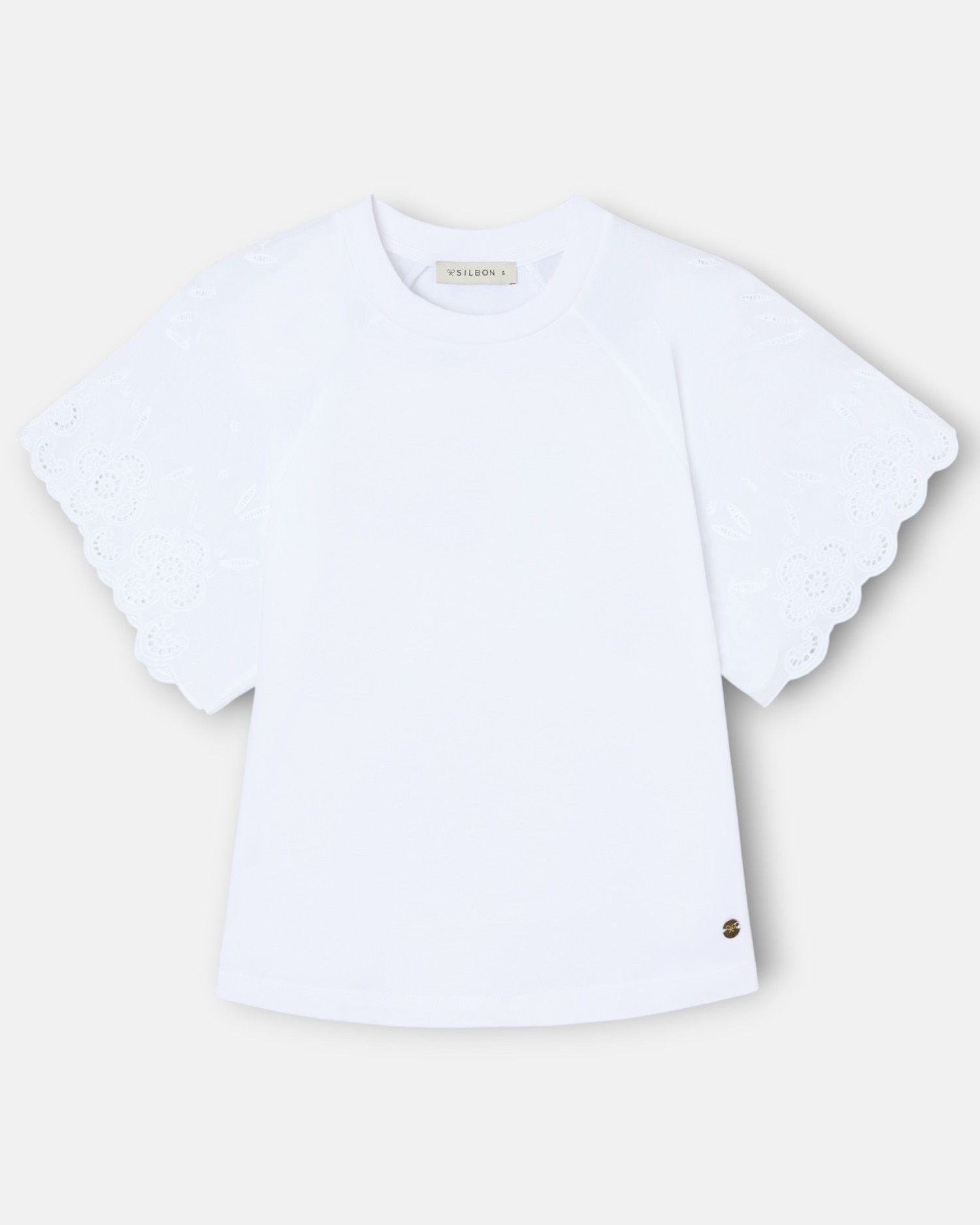 T-shirt com Folhos Bordados em Branco Branco-1