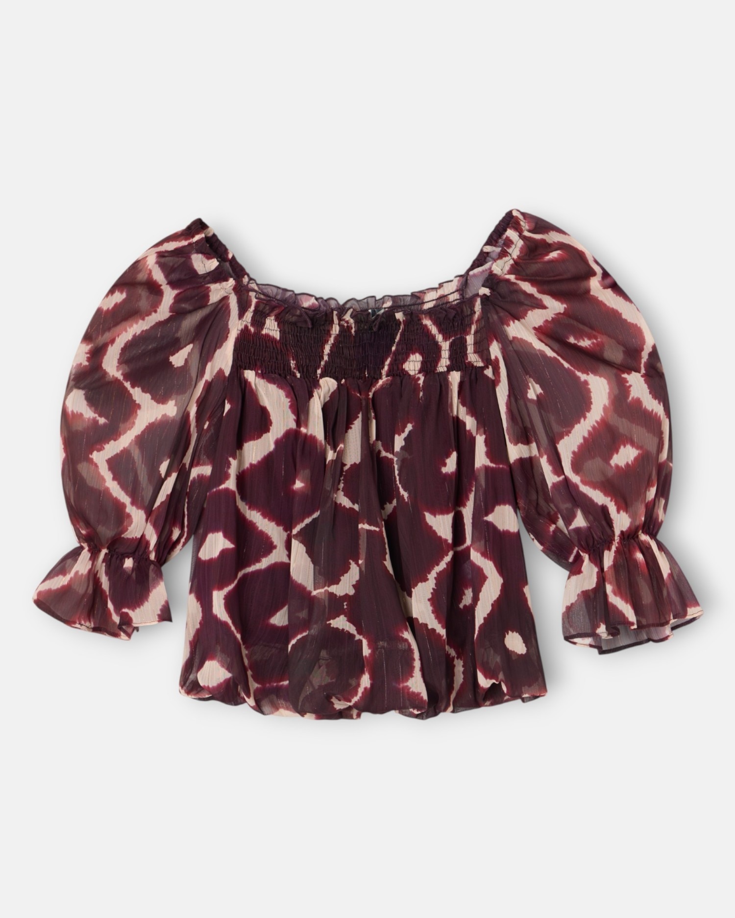 Blusa Franzida com Estampado em Castanho Castanho / Branco gasto-4