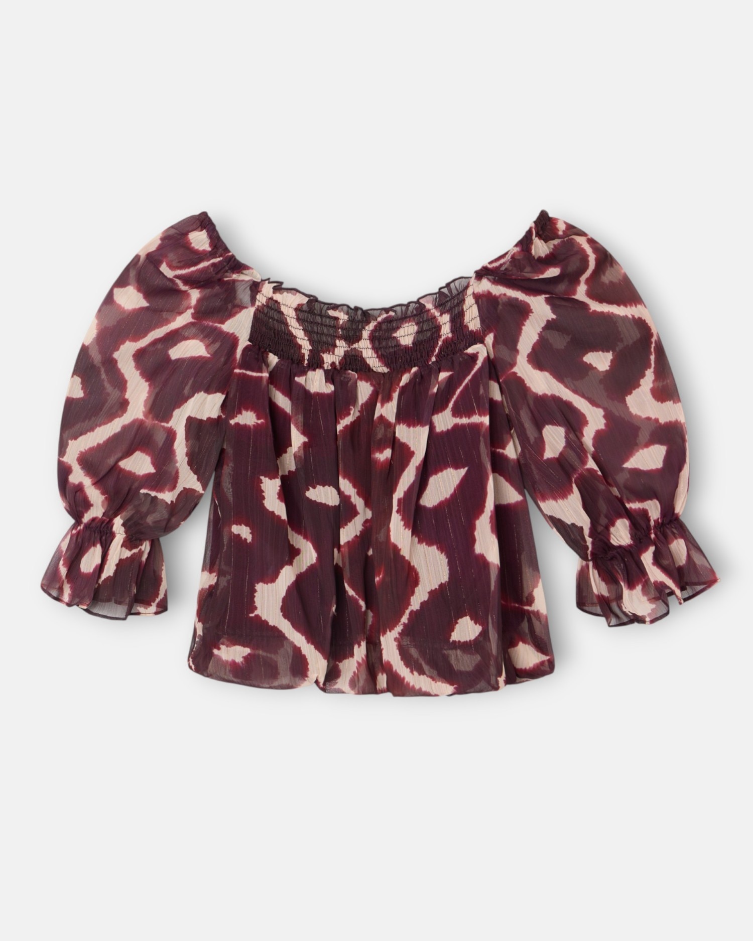 Blusa Franzida com Estampado em Castanho Castanho / Branco gasto-5