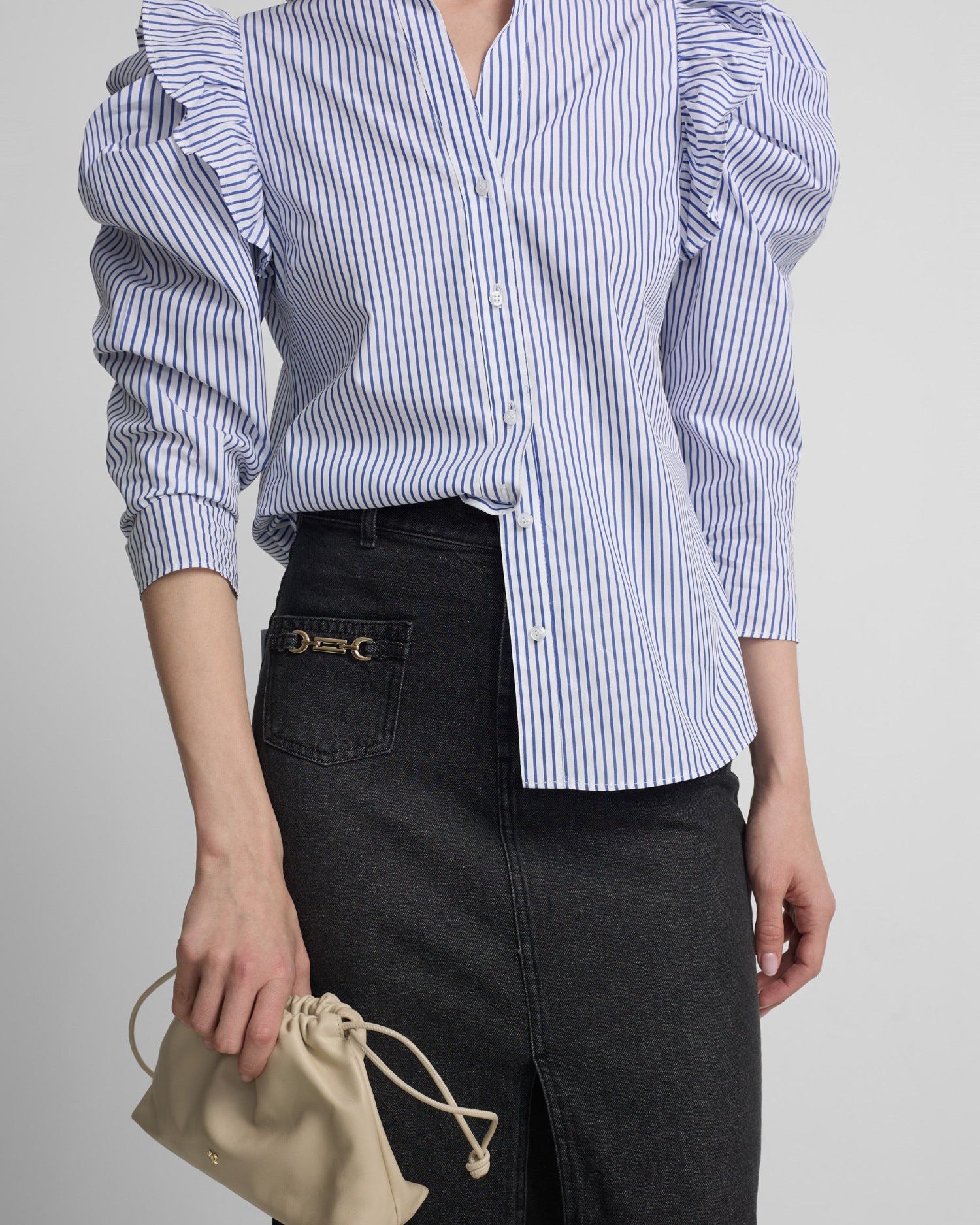 Saia Midi com Corte a Direito e Fivela Denim em Cinzento Cinzento-3